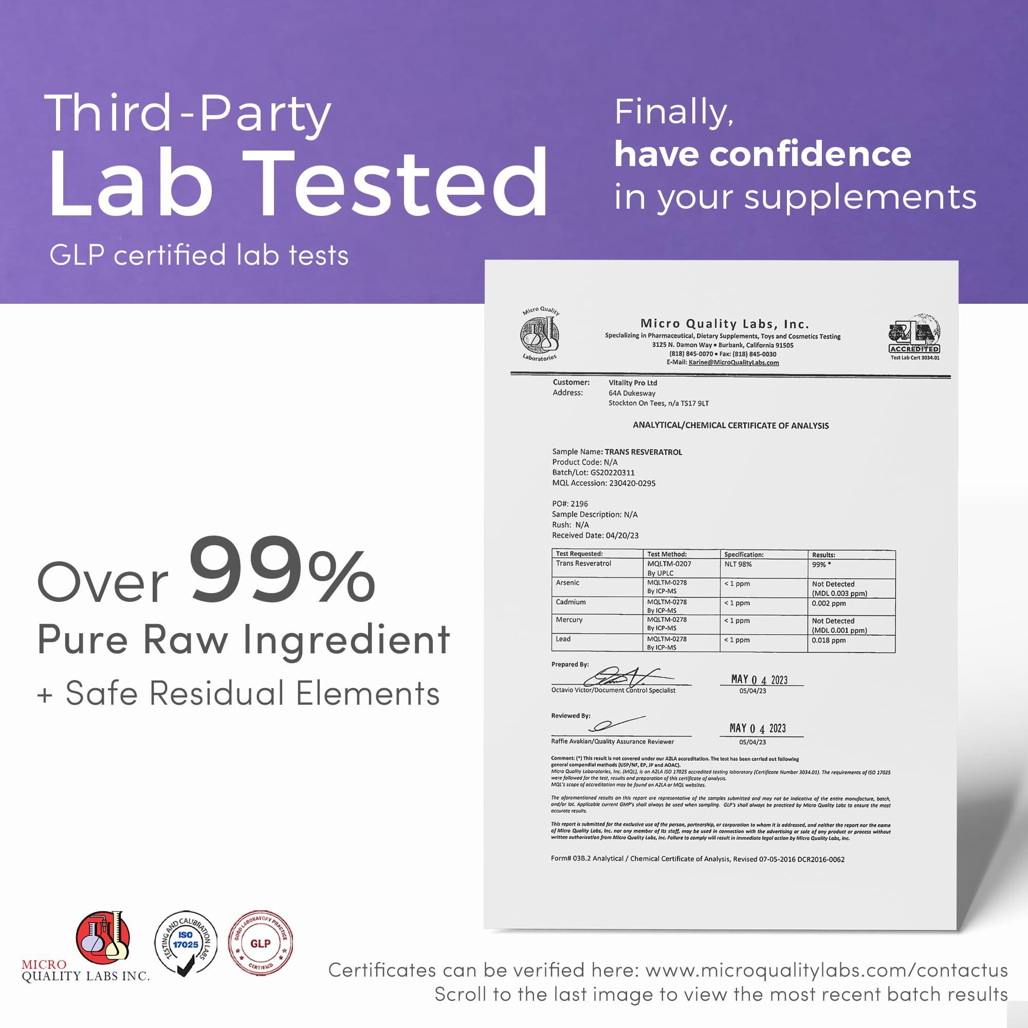 vP Vitality Pro vP Vitality Pro Trans Resveratrol Micronised Powder 30 Grams - Third Party Tested Over 99% Purity - Natural Pure Trans Resveratrol Supplement 30g - Vitality Pro