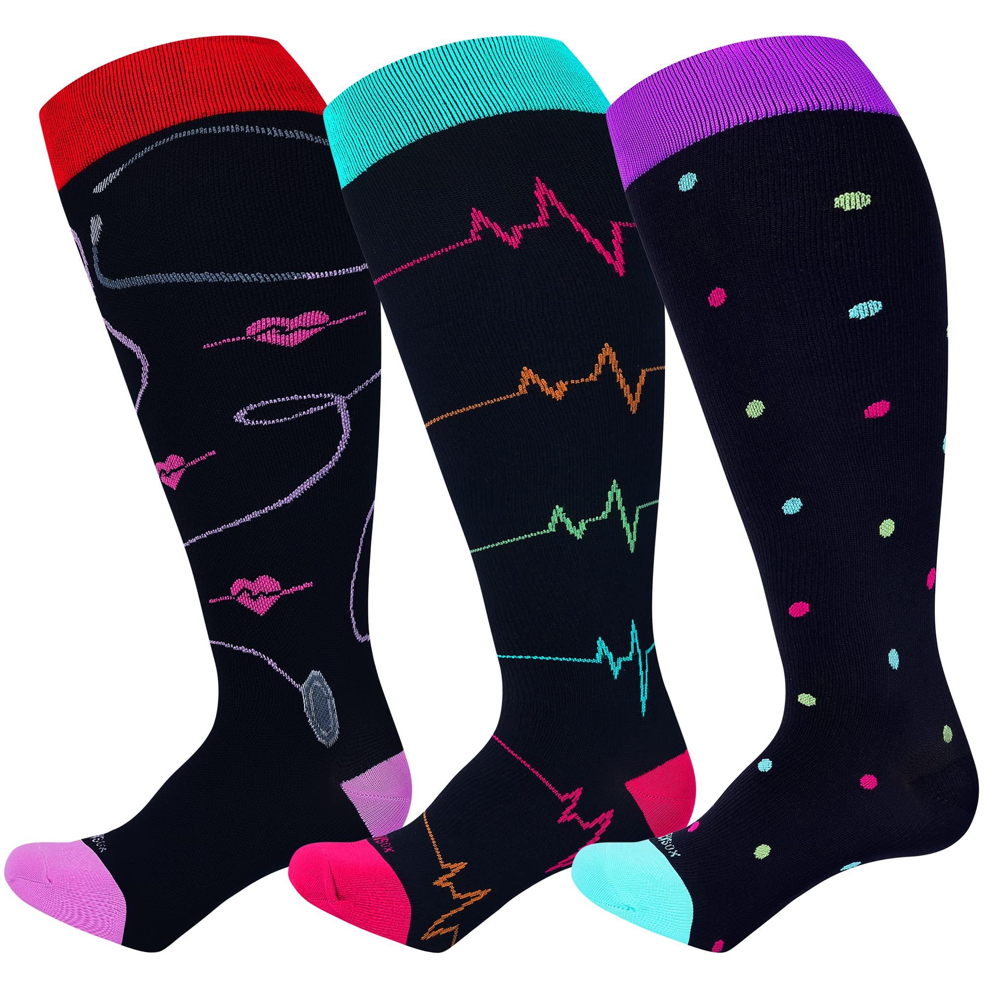 LEVSOX LEVSOX Plus Size Compression Socks for Women Men Wide Calf Extra Large 15-20 mmHg Knee High Sock for Nurses Pregnant Travel, 3 Pairs/Black Mix Patterns, XL