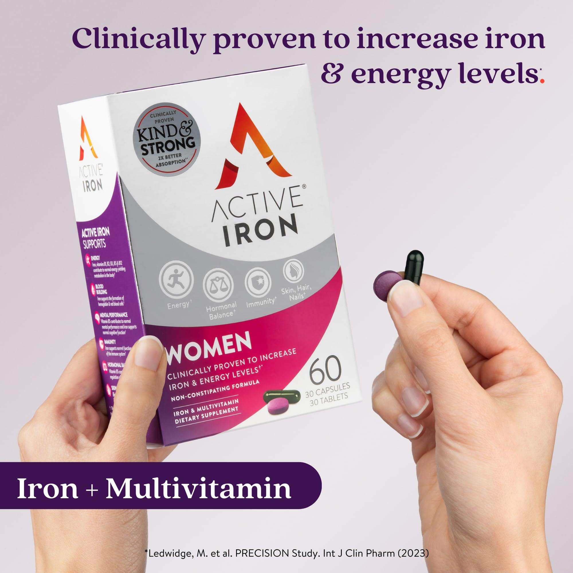 Solvotrin Active Iron Women with Active Multivitamin Supplement 17 mg, High Strength B Vitamins, Non-Constipating, 30 Iron Capsules & 30 Active Multivitamins, 1 Month Supply