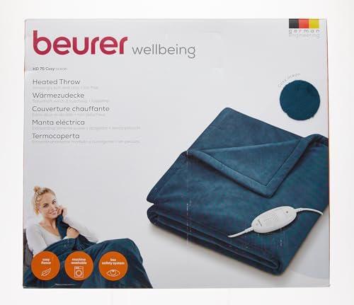 Beurer Beurer HD 75 Ocean Electric Blanket, Cuddly Soft Heat Blanket, 6 Temperature Settings, Machine Washable, with Automatic Shut-Off and Extra Safe, Teal, 180 x 130 cm