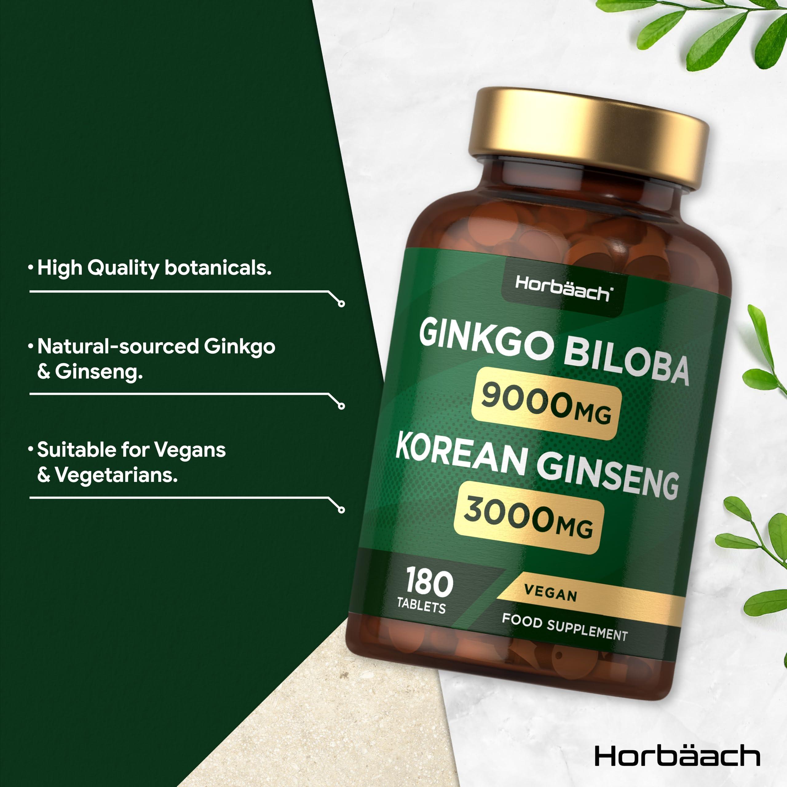 Horbach Ginkgo Biloba and Korean Ginseng Tablets | High Strength | Ginkgo 9000mg & Ginseng Root 3000mg | 180 Vegan Tablets | by Horbaach