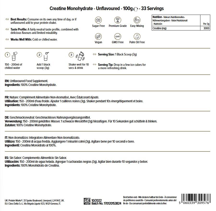 Protein Works Protein Works - Creatine Monohydrate Powder | 100% Pure & Premium Creatine Supplement | Ultra Fast Absorption | 16 Servings | Unflavoured | 100g