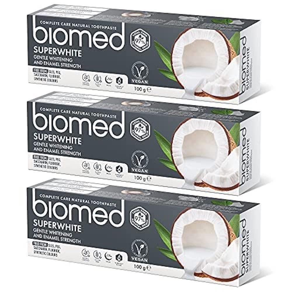 BIOMED Biomed Superwhite Natural Coconut Toothpaste, Tropical Flavour - 100 g (Pack of 3) & Calcimax Natural Toothpaste with Calcium for Enamel Restoration and Cavity Protection, Mint - 100 g (Pack of 1)