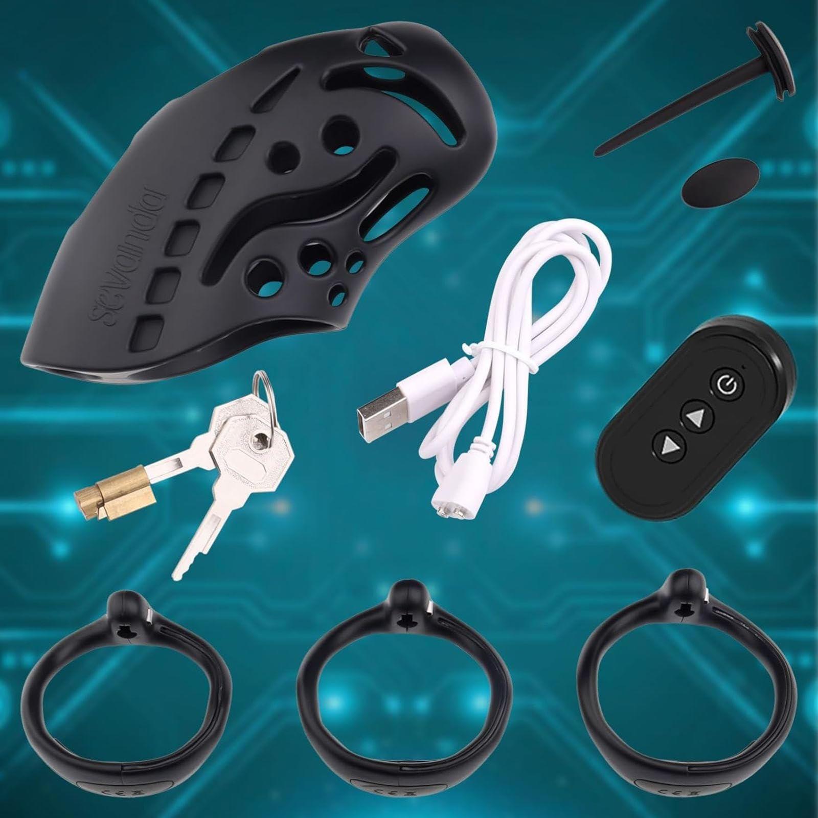 PacuM PacuM Chastity Device With Cage, 9 Intensity Chastity Cage With 3 Active Rings Toy For Exercise