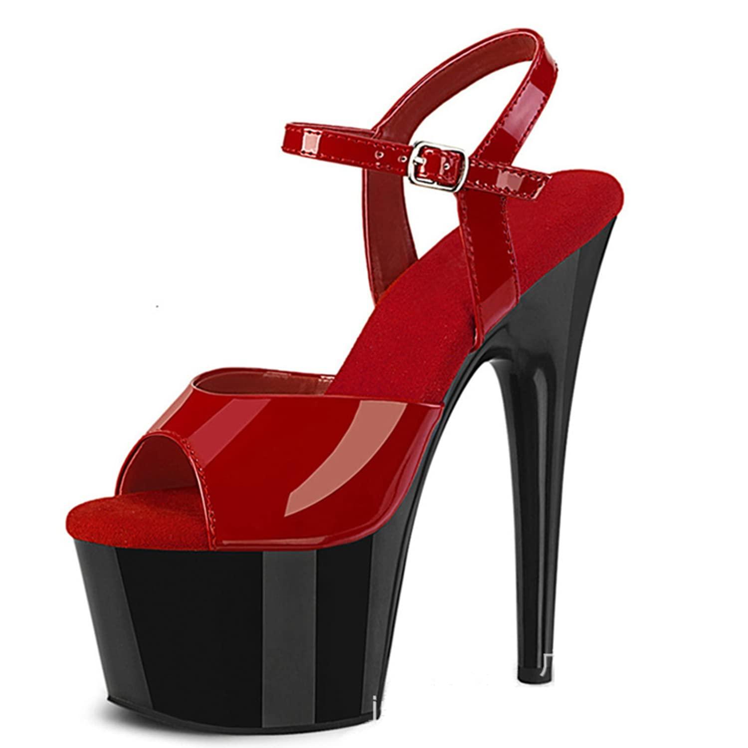 WOilERQ WOilERQ Women's High Heel Stiletto Shoes Platform Heel Peep Open Toe Sandals Ankle Strap Heeled Sandals Buckle Wedding Dress 6.7 Inch Patent Heels,red,39