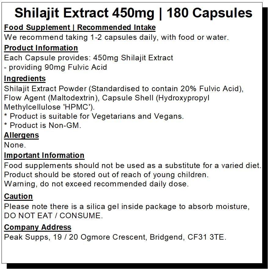 Peak Supps Shilajit 450mg Extract - 180 Capsules | Ayurveda