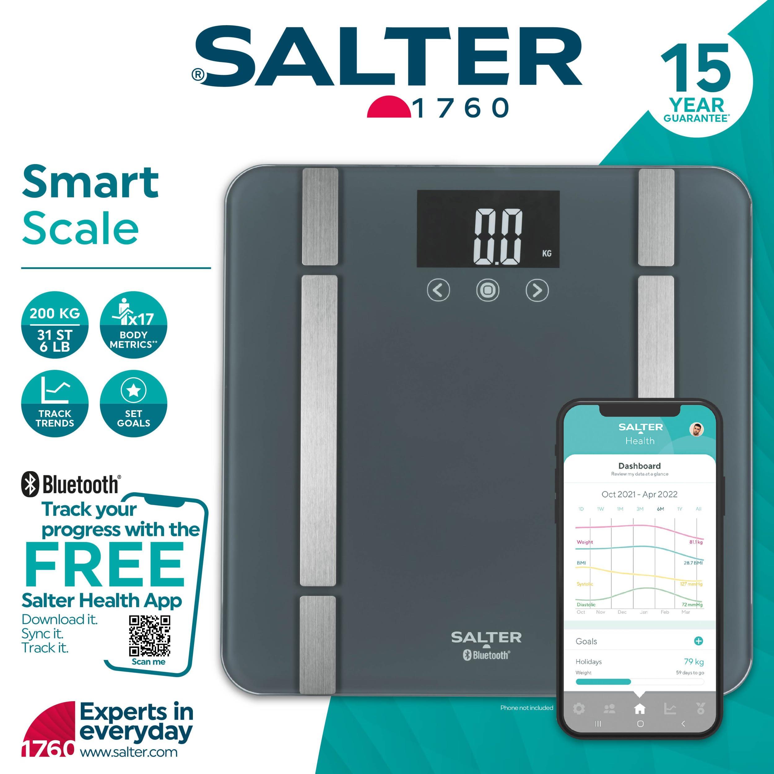Salter Salter SA00432GFEU6 Bathroom Smart Scale Bluetooth Digital Scale, 200kg, Measure Weight, Body Fat/Water, Muscle/Bone Mass, BMI/BMR, 8 User Memory, Connect to Phone with Free Salter Health App, Grey