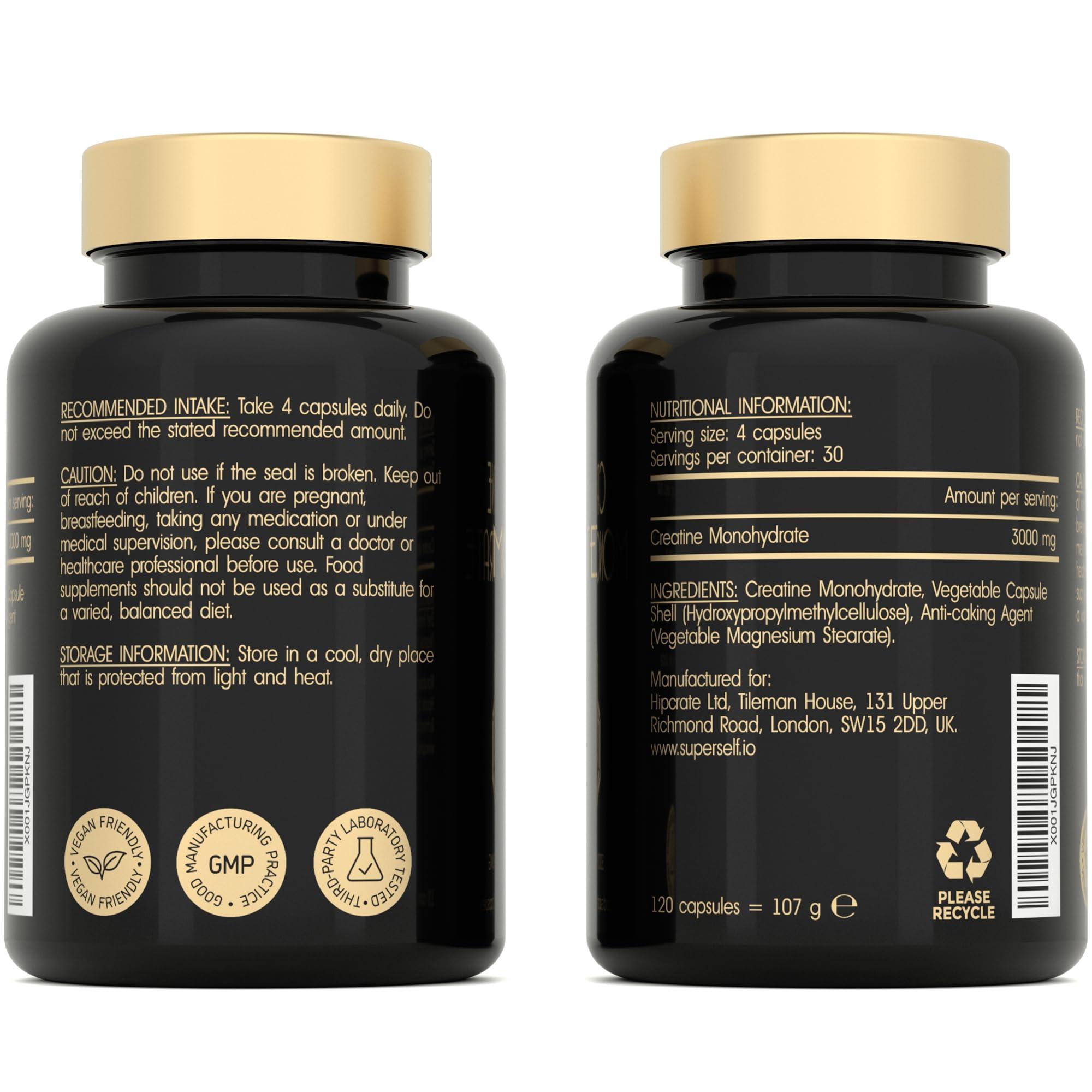 SuperSelf Creatine Monohydrate Tablets 3000mg - Easy to Swallow 120 Creatine Capsules - Vegan Creatine Tablets for Men & Women - Pre Workout Gym Supplement Powder Creatine Pills for Muscle Growth - 30 Servings