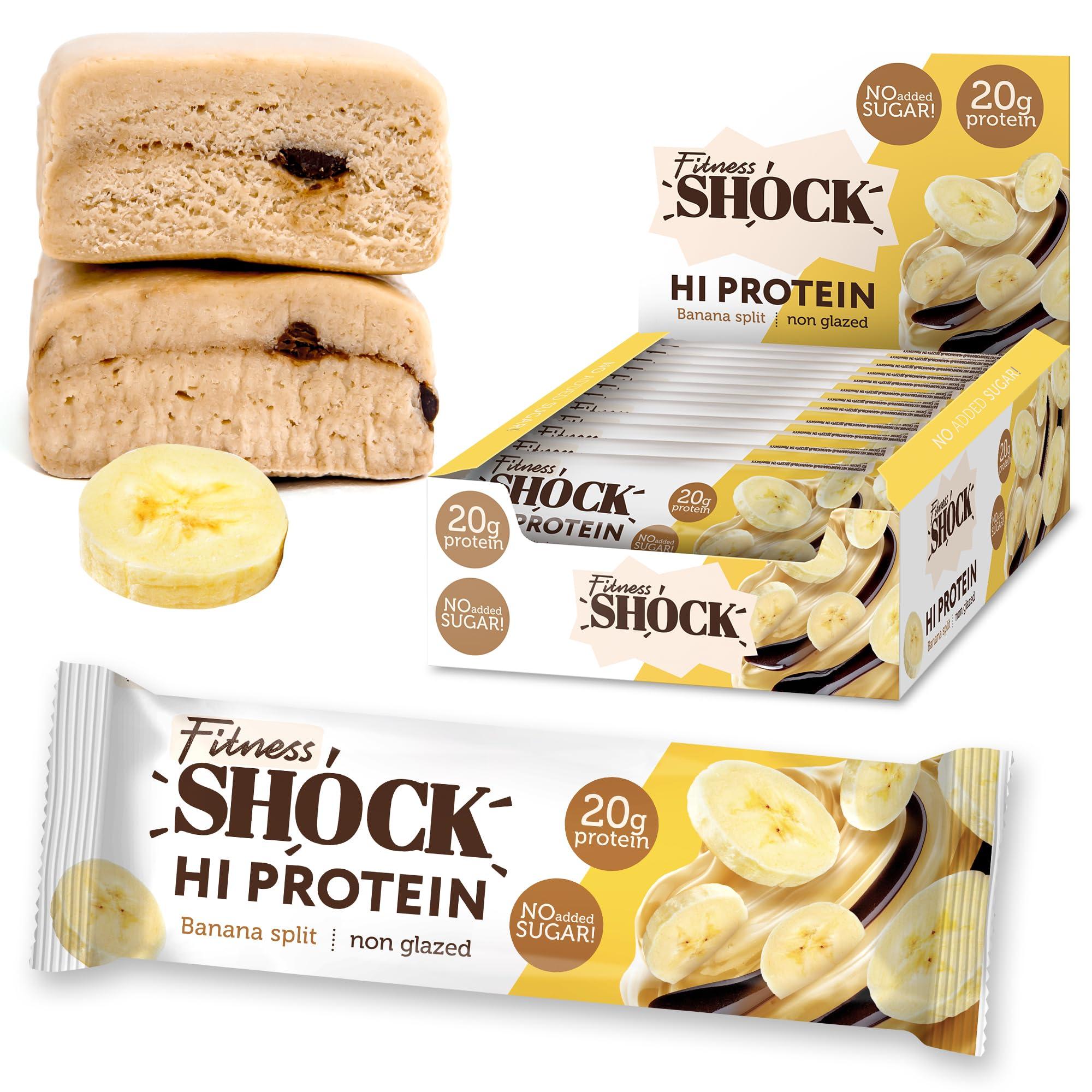 FitnesSHOCK FitnesSHOCK High Protein Bars - High 20G Protein Content Protein Bar With No Added Sugar, Low Calorie Low Carb High Fibre, Banana Split Flavour 12Pcs 60G
