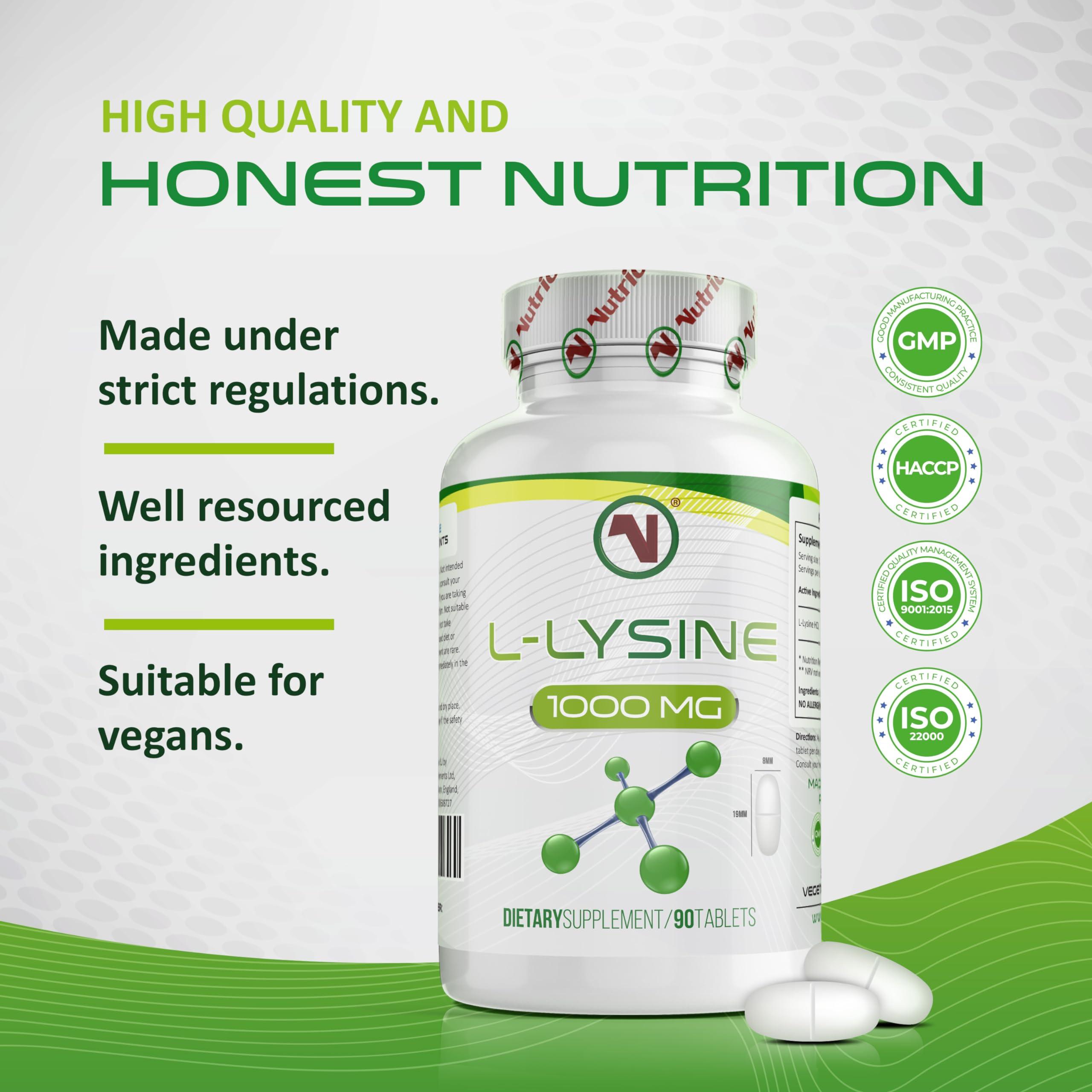 Nutriodol L-Lysine x 90 1000mg Tablets | Smallest Possible 19mm Formula | Easier to Swallow and Quicker to Absorb - Suitable for Vegetarian and Vegan. (90)