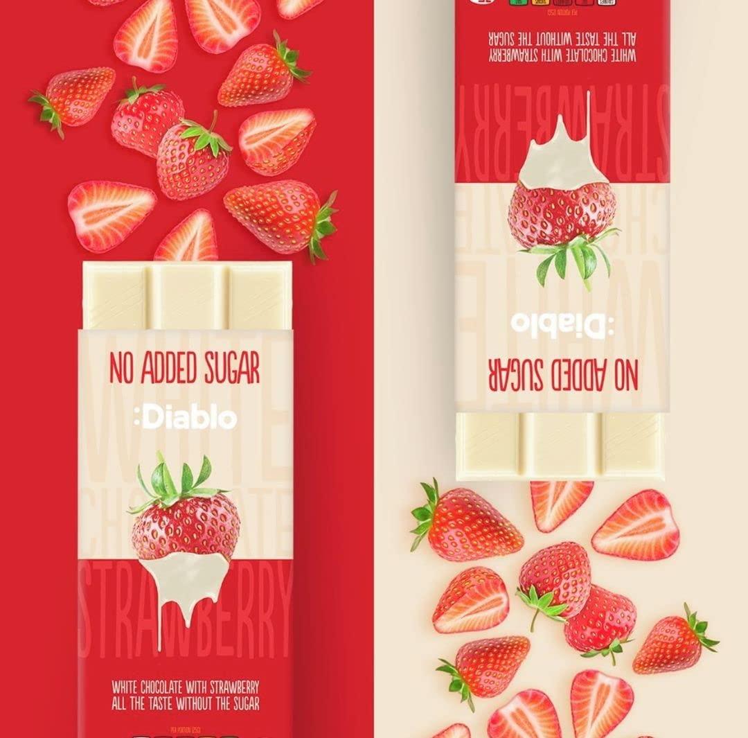 :Diablo Diablo White Chocolate Bar with Strawberry | No Added Sugar, Gluten Free |Diabetic Friendly Chocolate| Hamper Available Perfect for Gifting | 75g (Pack Of 2)