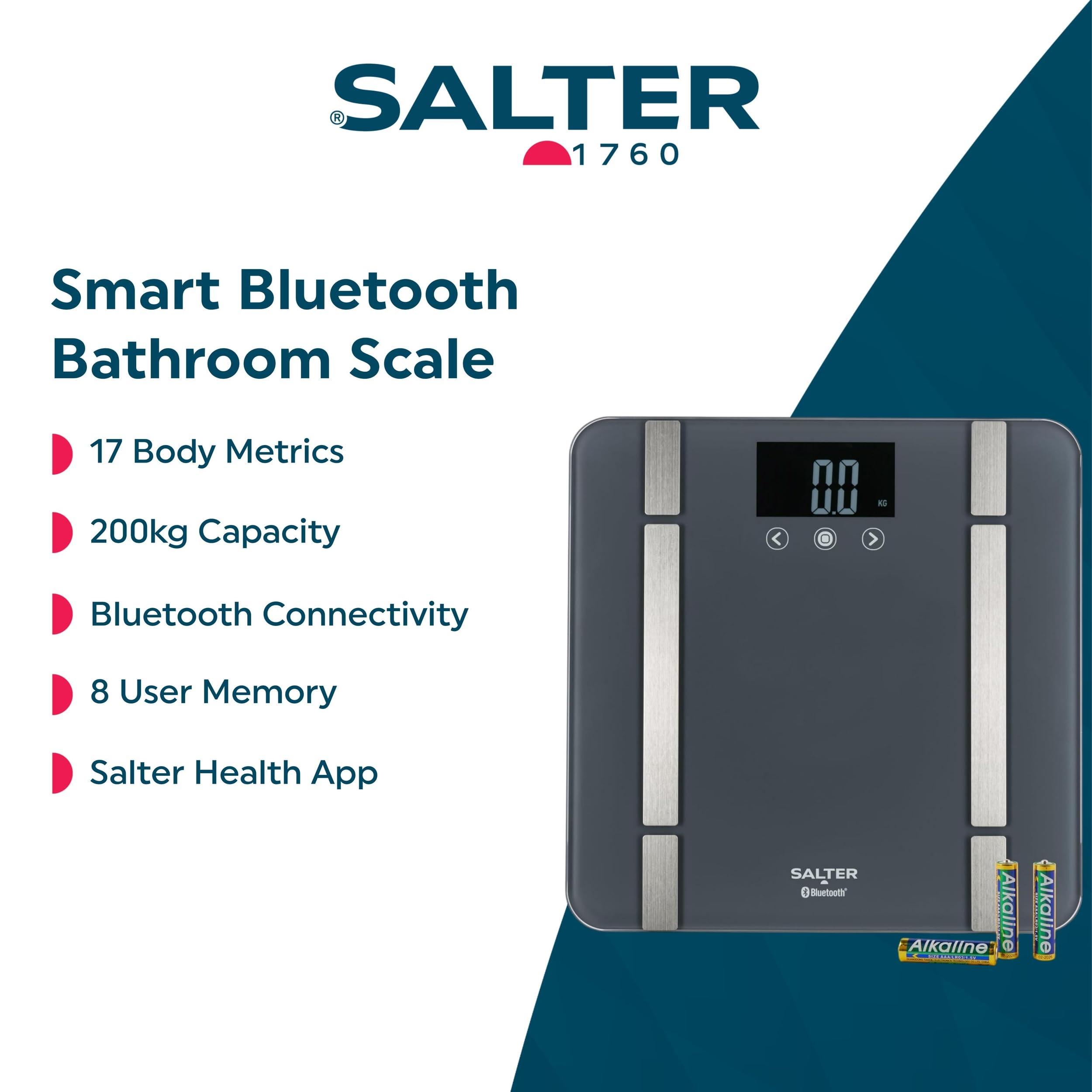Salter Salter SA00432GFEU6 Bathroom Smart Scale Bluetooth Digital Scale, 200kg, Measure Weight, Body Fat/Water, Muscle/Bone Mass, BMI/BMR, 8 User Memory, Connect to Phone with Free Salter Health App, Grey
