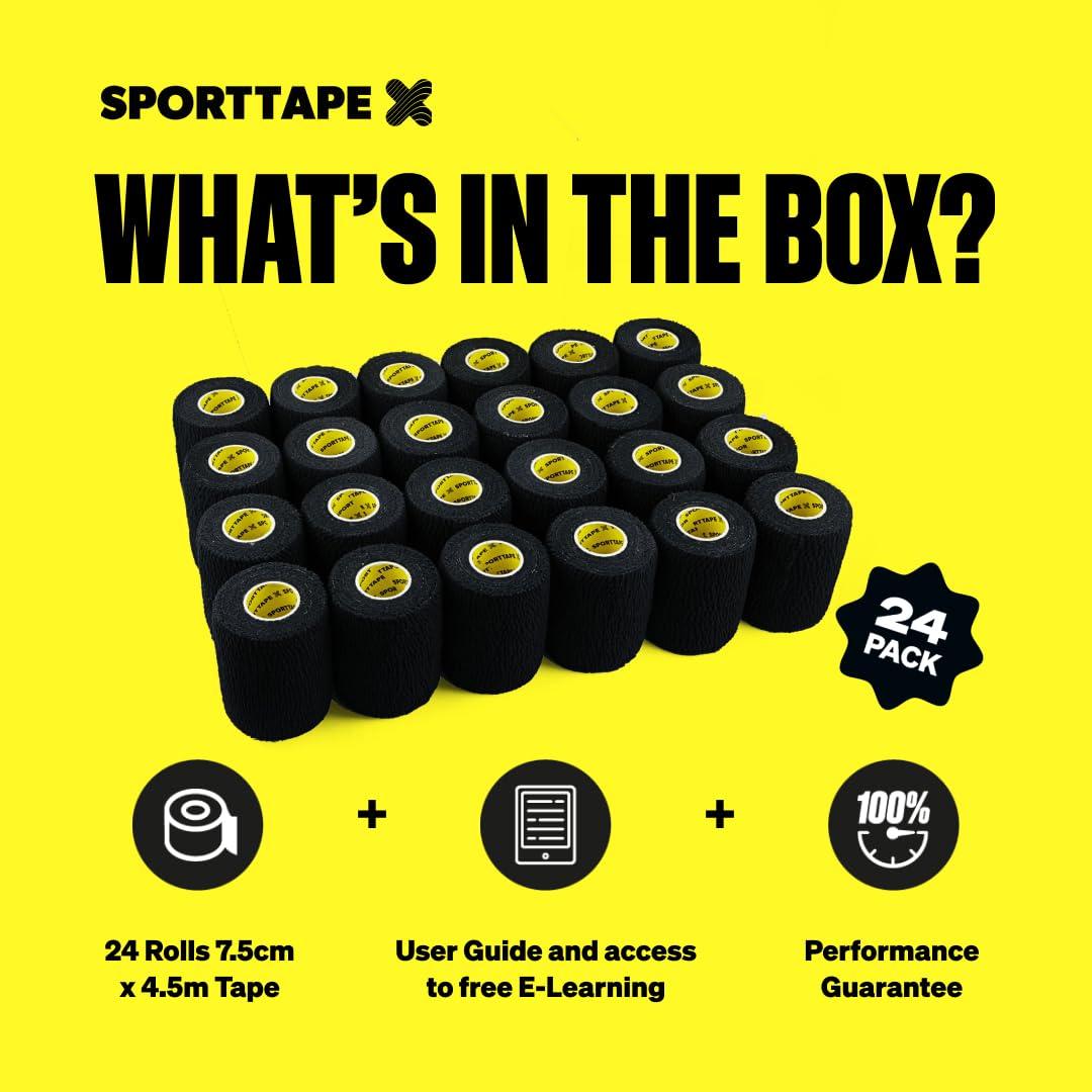 SPORTTAPE Box of 24 Rolls - SPORTTAPE EAB Tape | 7.5cm x 4.5m - Black - Tearable Elastic Adhesive Bandage | Rugby Lifting Tape, Tear Light Strapping Tape | Medical, Lifting Blocks, Knee Strapping, Elbow & Wrist