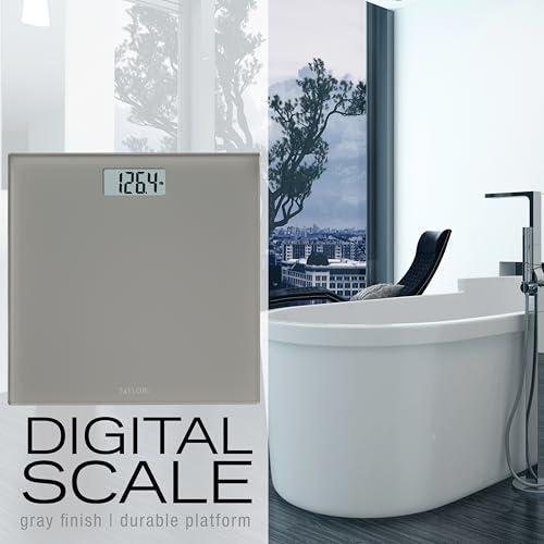 Taylor Taylor Digital Scales for Body Weight, Highly Accurate 350 LB Capacity Bathroom Scale, 11.0 x 11.0 Inch Durable Glass Platform, Battery Powered, Easy to Read, Gray