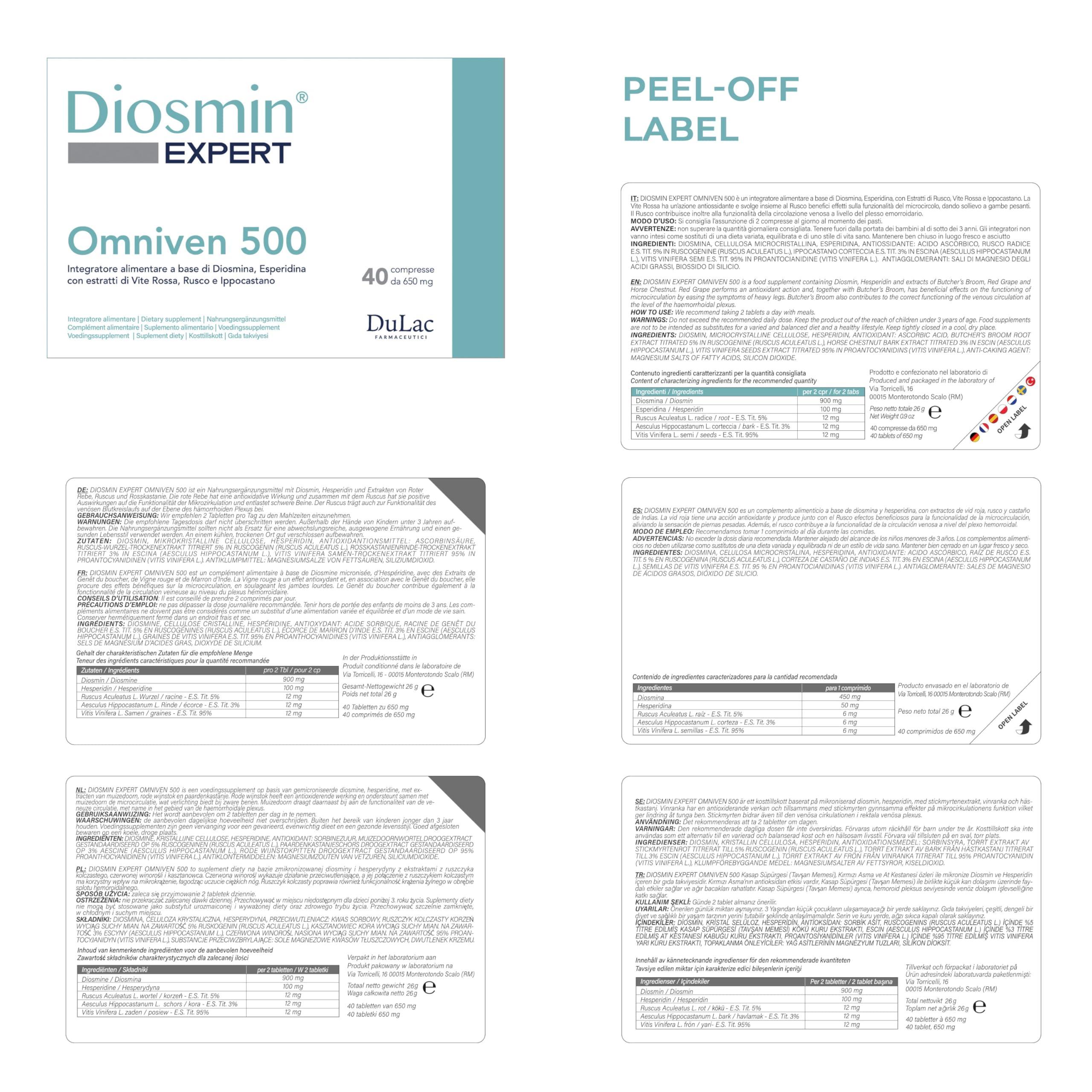 DULÀC FARMACEUTICI 1982 Dulc - Hemorrhoids and Piles Treatment, Diosmin Hesperidin Supplement Omniven 500 40 Tablets Enriched with Flavonoids Red Vine, Horse Chestnut and Butcher\'s Broom Complex