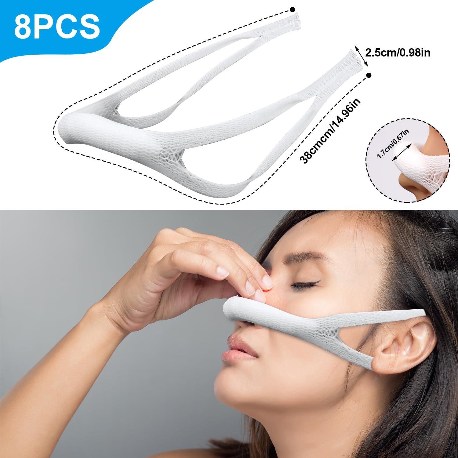 NQEUEPN 8pcs Elastic Nose Bandage, High Absorption External Nasal Sling Bandaid Dressing Holder Post Surgery with Loops Nose Bleed Stopper Breathable Bandage Strip After Nose Job (White)