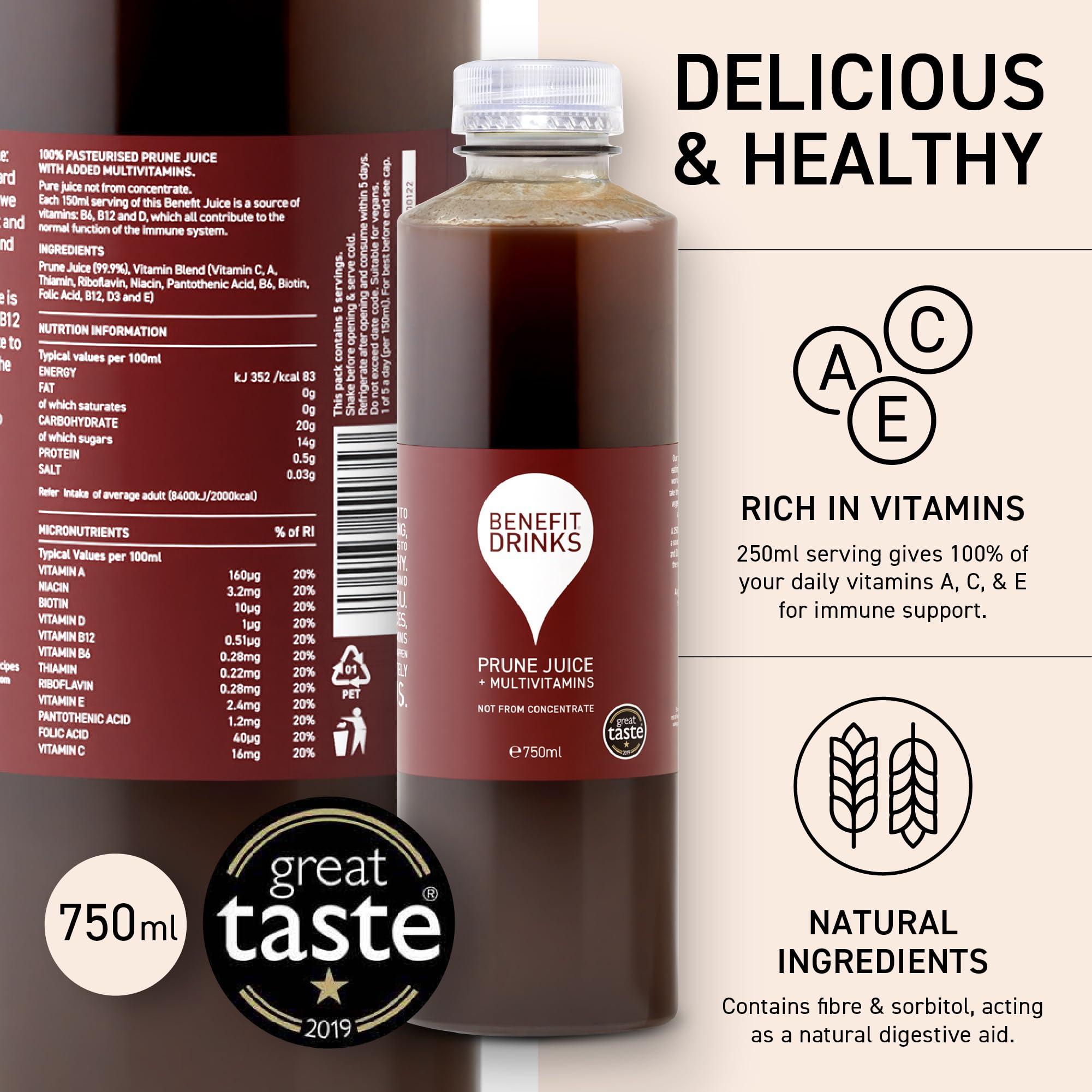 Benefit Drinks Benefit Drinks 100% Not from Concentrate Pure Prune Juice - 6 x 750ml Cartons - Prune Juice for Constipation with with Vitamin A,C and E- Health Foods - Healthy Drinks