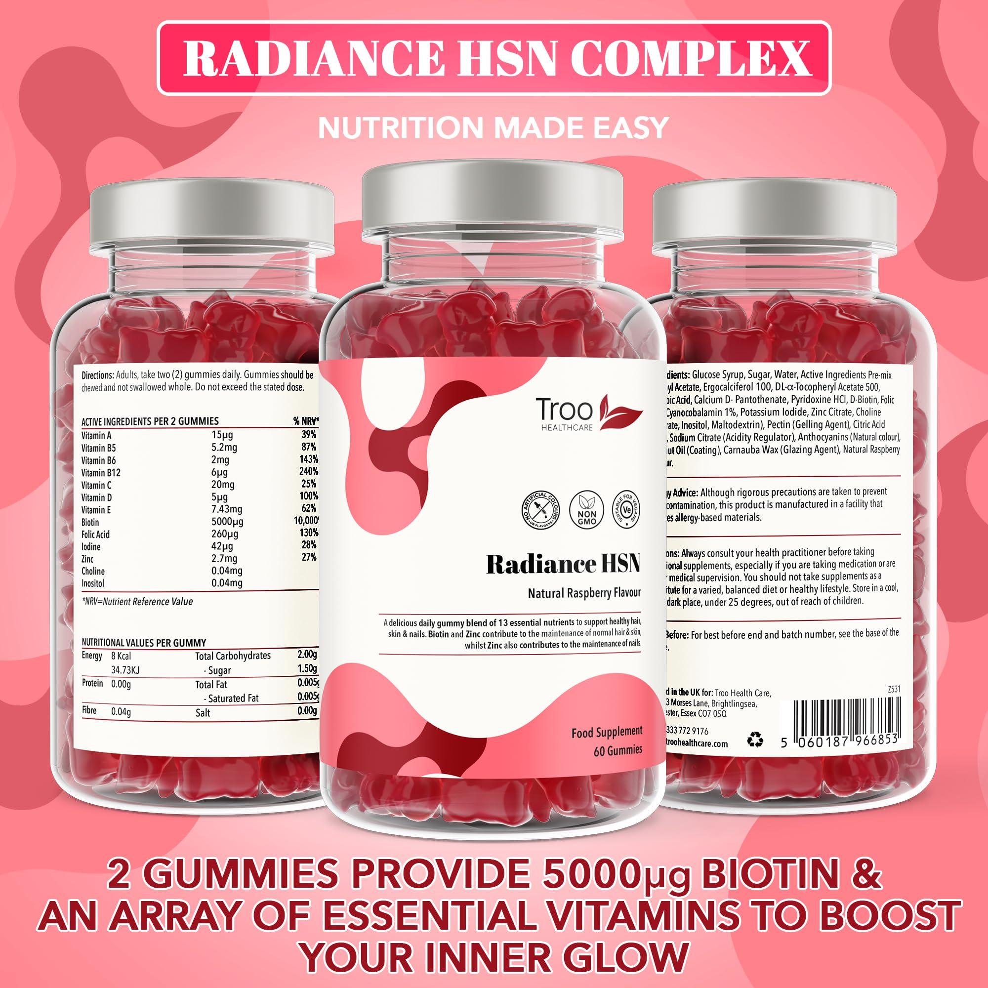 Troo Health Care Troo Health Care Radiance HSN 60 Raspberry Flavour Gummies - Advanced Hair Skin & Nails Supplement for Men & Women - 13 Essential Nutrients Inlcuding Biotin