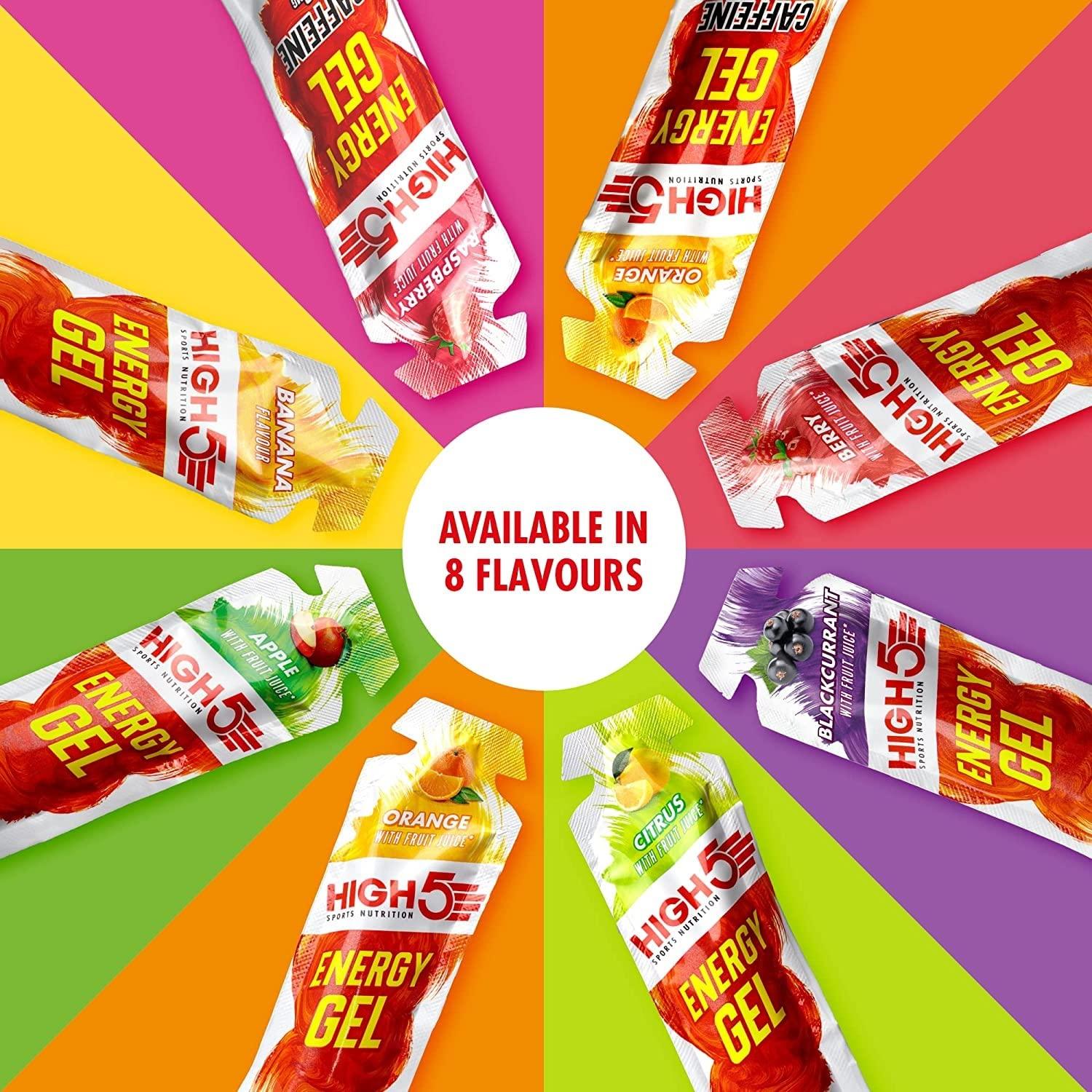 2022 High 5 Energy Gels (20 Pack) Carbohydrate 23g each + Free 500ml Bottle (Citrus)