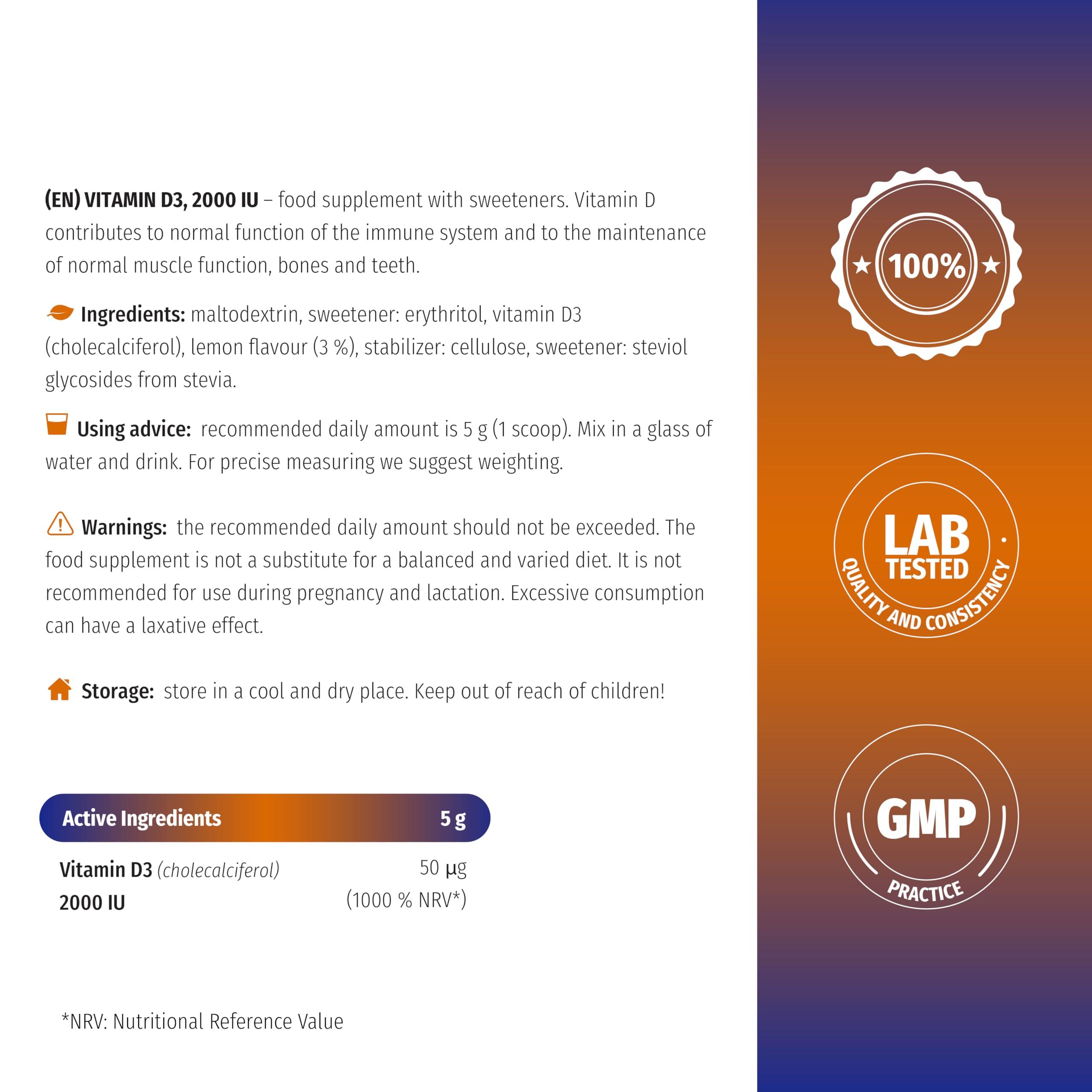 Nature's Finest by Nutrisslim High Dose Vitamin D3 Powder for Adults, No Sugar, Lemon Taste, Supports Immune System, Healthy Bones and Teeth, and Muscle Function