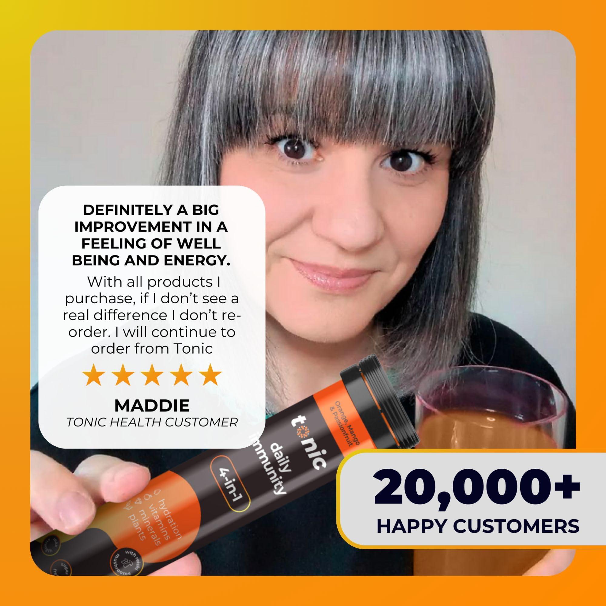 Tonic Health Tonic Health Daily Immunity Tablets - 4-in-1 Effervescent Multivitamins, Minerals & Phytonutrients - Vitamin D, Vitamin C and Zinc - Vegan,No Sugar- Max Strength, Orange, Mango, Passionfruit, 20 Count