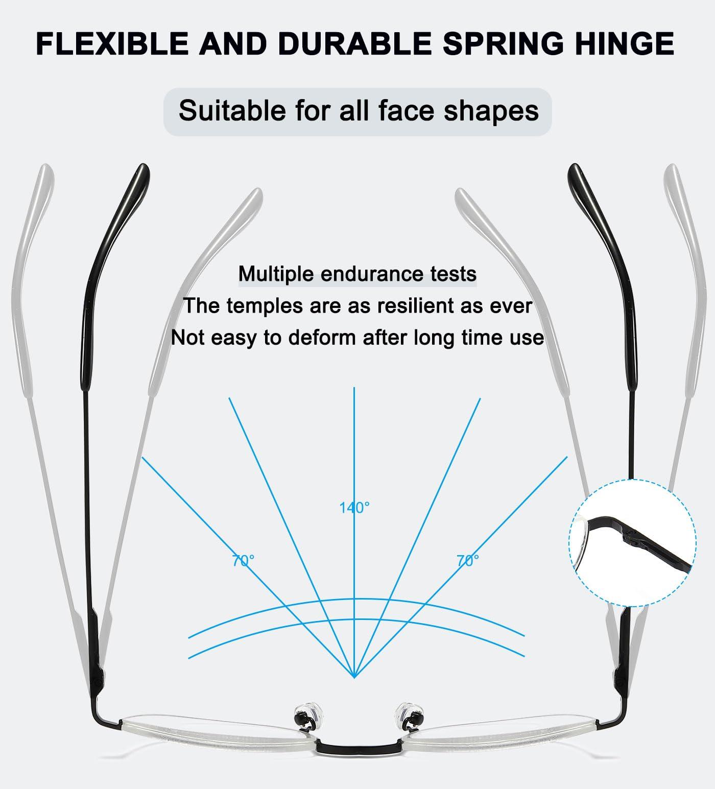 ABETOS ABETOS 2 Pack Half Moon Reading Glasses Half Frame Semi Rimless Metal Strong Eyewear Spring Hinge Clear Lens Lightweight Fashion Computer Readers for Men Women, Black&Gold 2.0