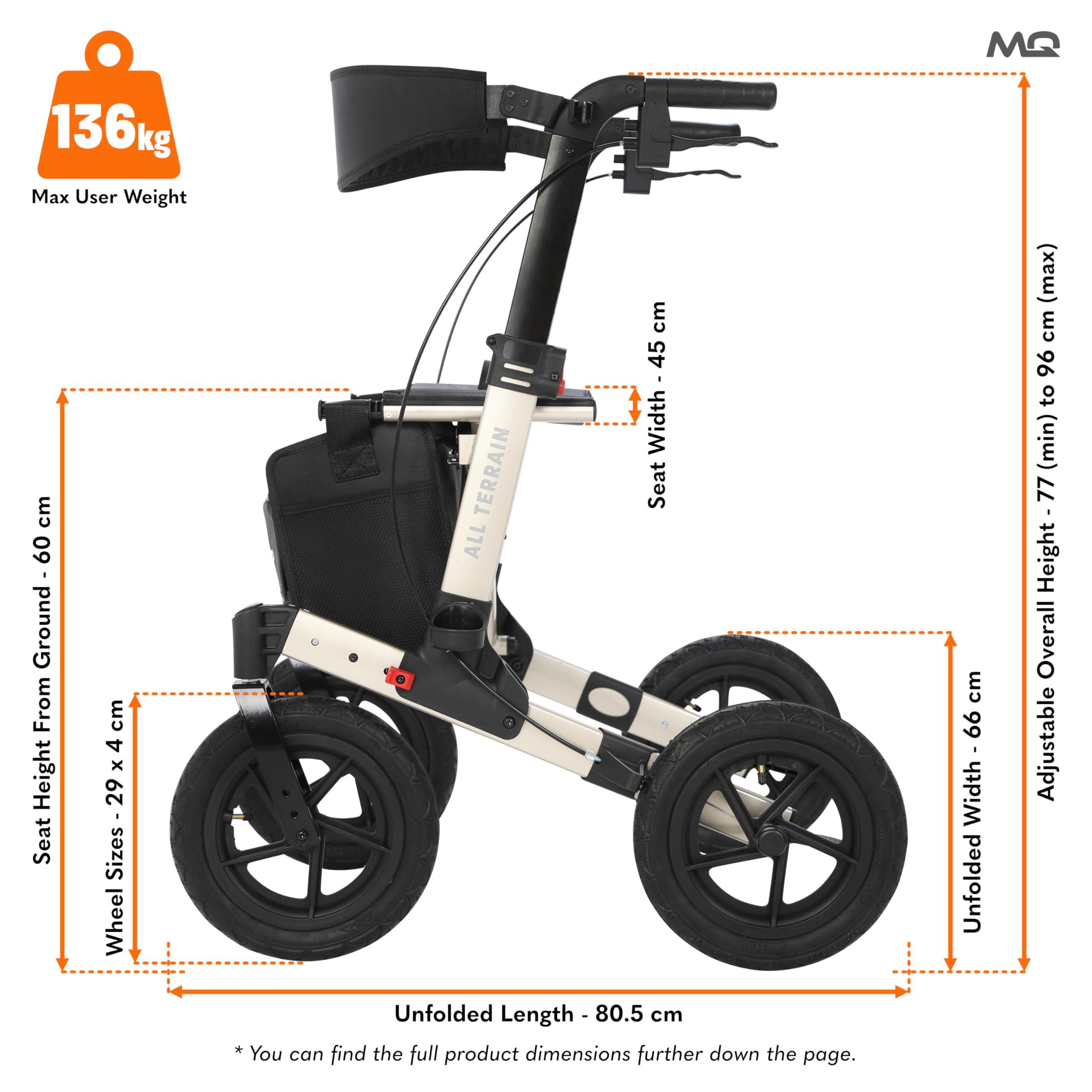 MobiQuip MobiQuip All Terrain 4 Wheel Walker with Seat, Folding Rollator with Large Wheels, Lightweight and Easy to Manoeuvre Over All Terrains, Walker for Adults Mobility or Walking Aid (Champagne)
