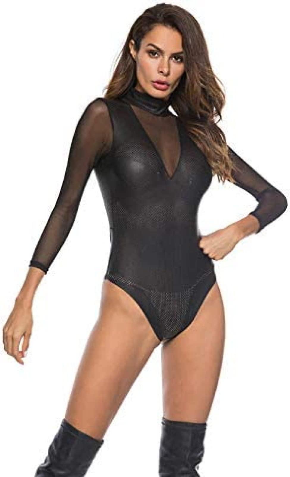 ANTIY Faux Leather Bodysuit Women's Sexy Wetlook Lingerie Mesh Transparent Bodysuit Faux Leather Catsuit,Black,X-Large