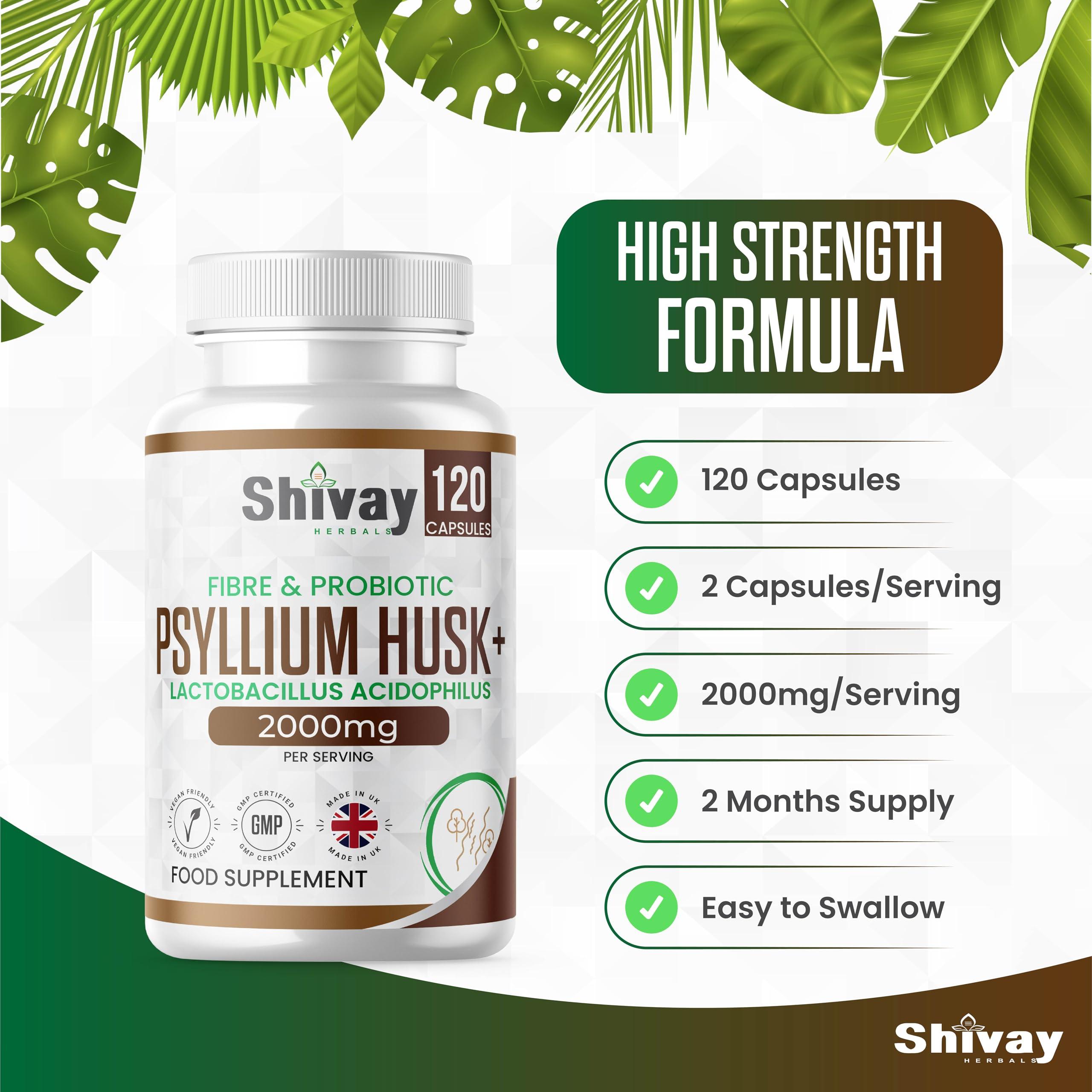Shivay Herbals Psyllium Husk 2000mg + 200 Mcfu Lactobacillus Acidophilus Per Serving | Probiotics & Natural Soluble Fiber Supplement | 120 Vegan Capsules - 2 Month Supply | Made in The UK by Shivay Herbals