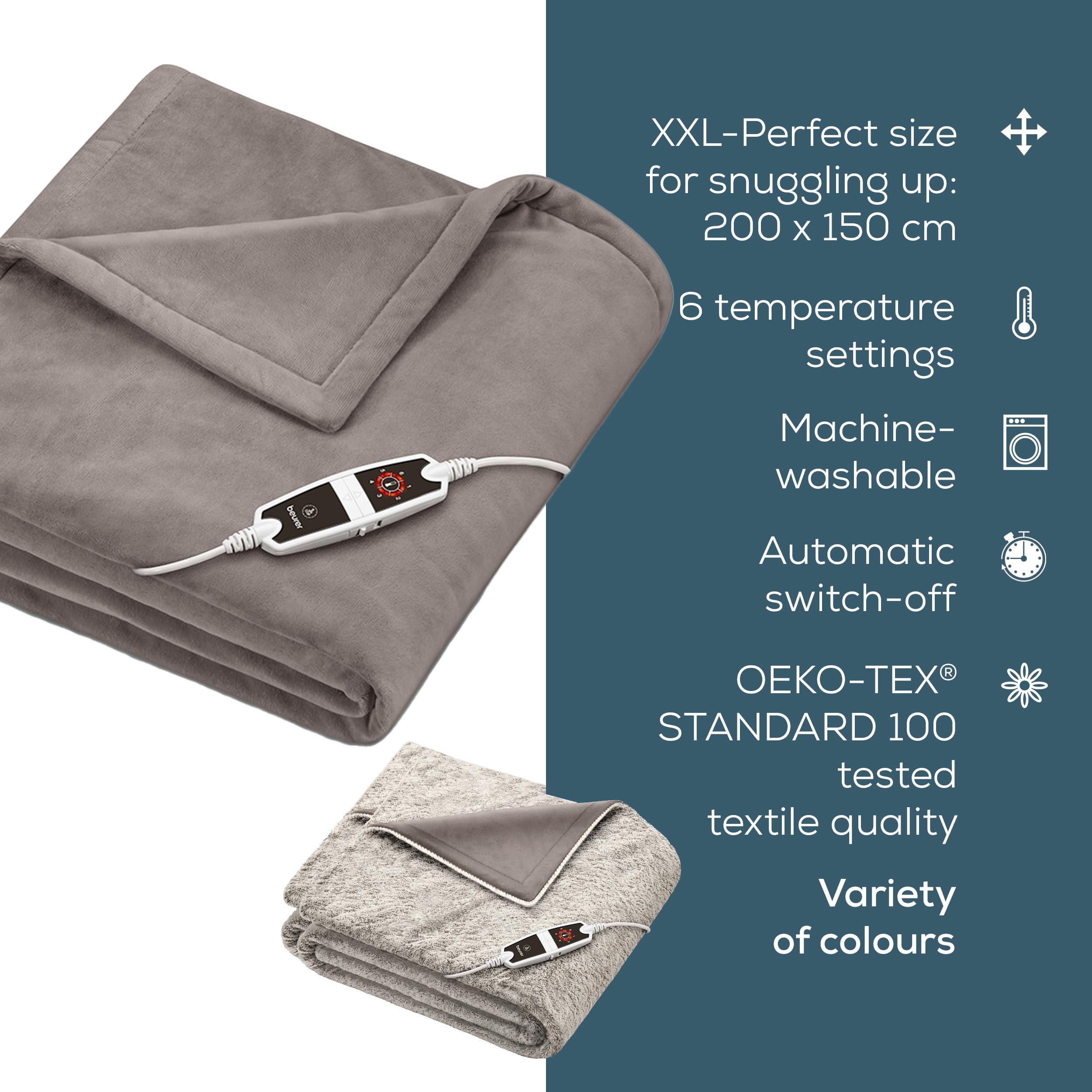 Beurer Beurer HD150 XXL Electric Blanket with 6 Temperature Settings, Soft Heated Throw for Cosy Sofa Nights, Automatic Switch-Off & Safety System, Machine-Washable, Taupe, 200 x 150 cm