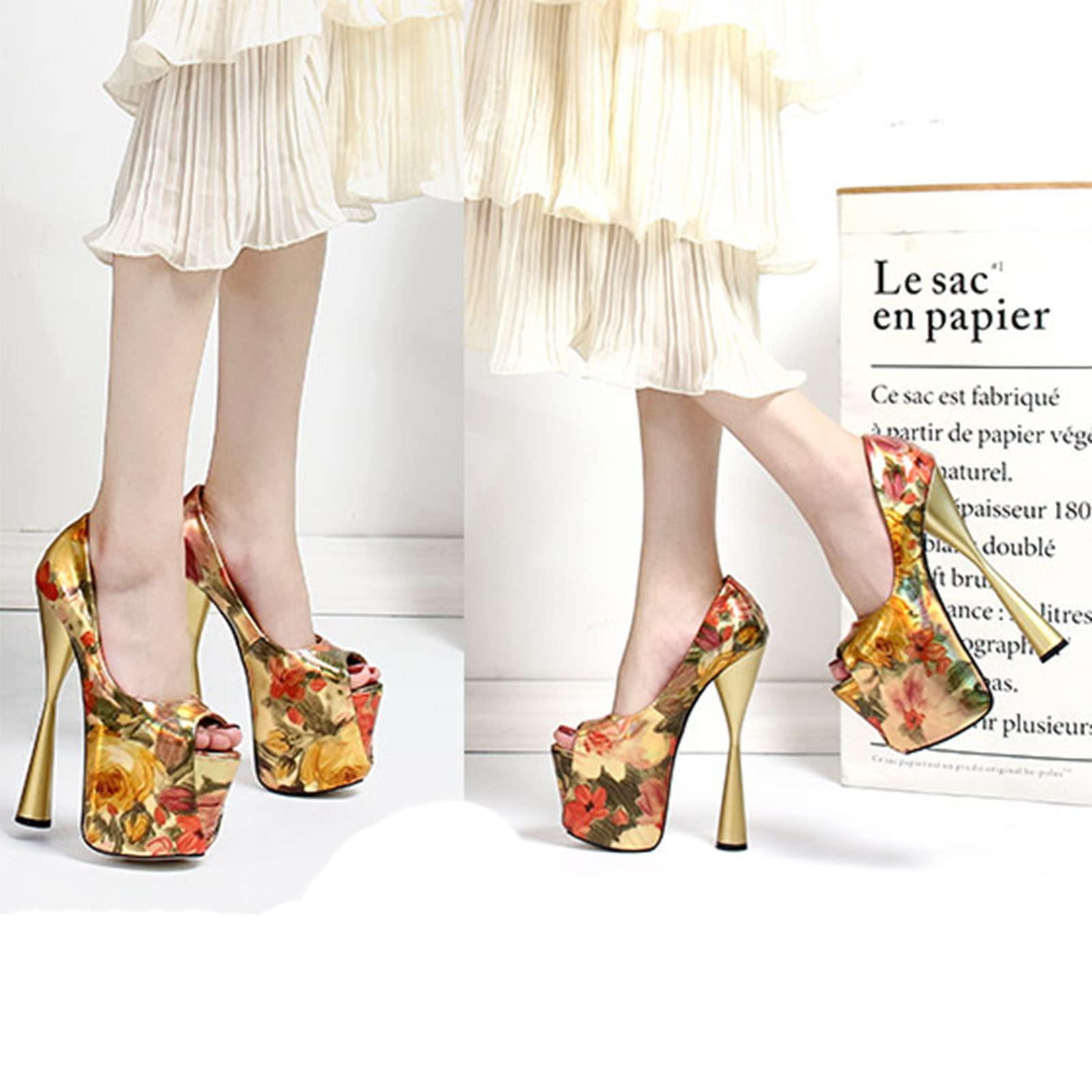 WOilERQ WOilERQ 19Cm Block Heel Patent Leather Print High Heels Open Toe Ankle Strap Platform Pump High Heel Sandals Shallow Mouth Print Flower Sandals Suitable for Women,Gold,46