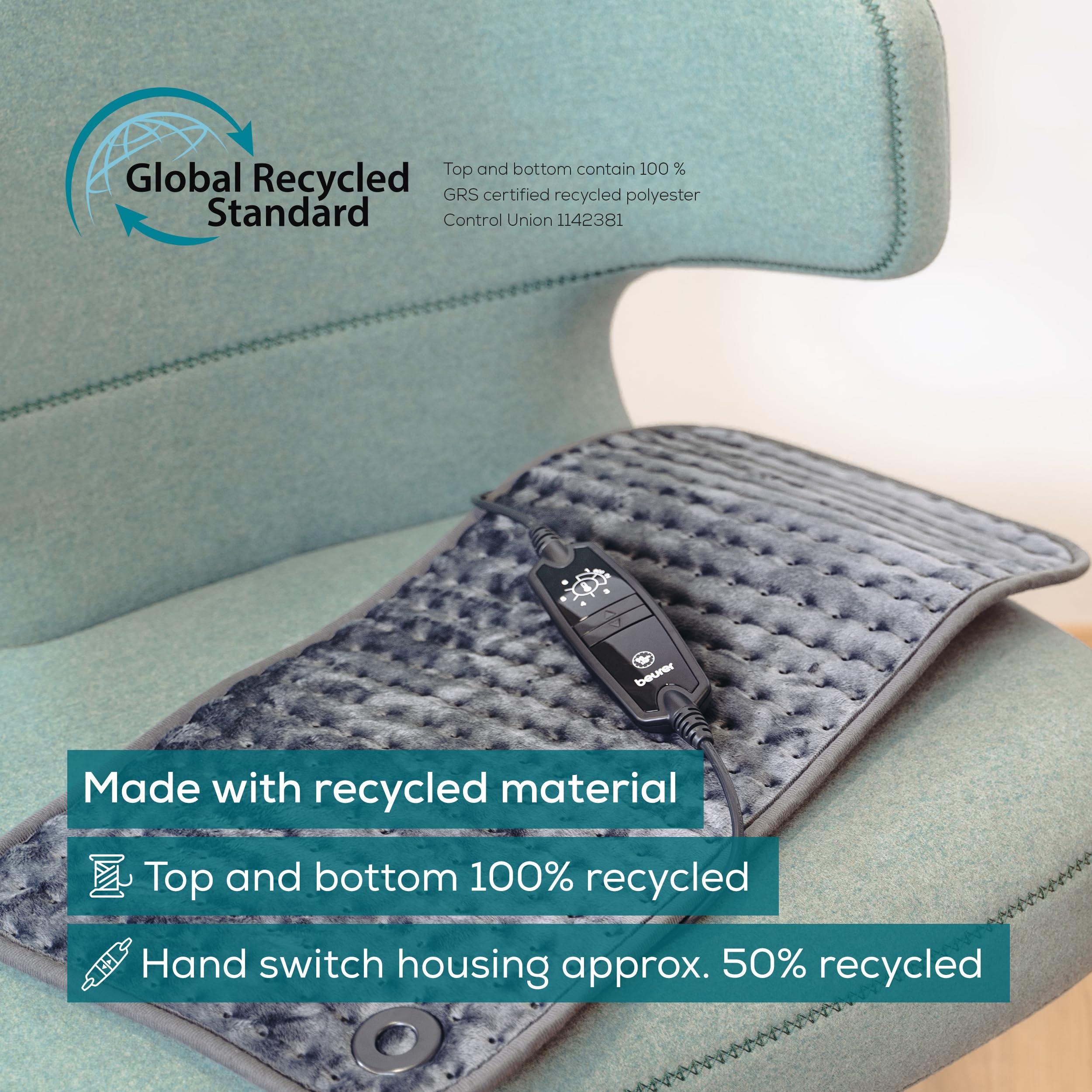 Beurer Beurer HK123 Green Planet Heating Pad, Made in Europe, Top and Bottom Made from 100% Recycled Material, Cuddly Soft, 60 x 30 cm, 6 Temperature Levels and Automatic Shut-Off, Machine Washable, Grey