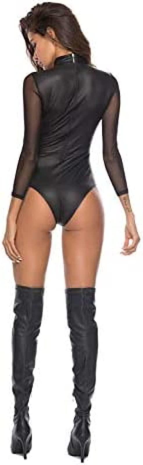ANTIY Faux Leather Bodysuit Women's Sexy Wetlook Lingerie Mesh Transparent Bodysuit Faux Leather Catsuit,Black,X-Large