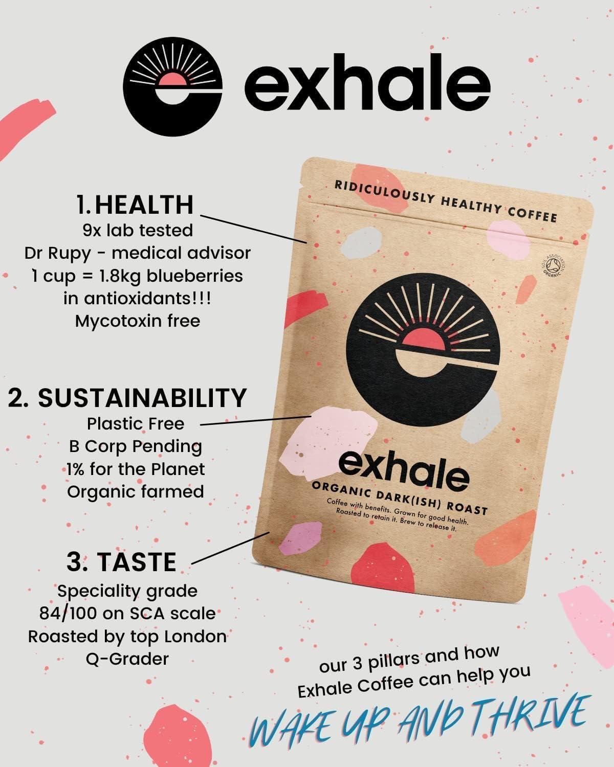 EXHALE EXHALE Organic Ground Coffee 225G PACK - Mycotoxin Free & Suitable for Bulletproof Coffee. Single Origin and 100% Arabica Beans. For Cafetiere, Filter or AeroPress - Dark Roast
