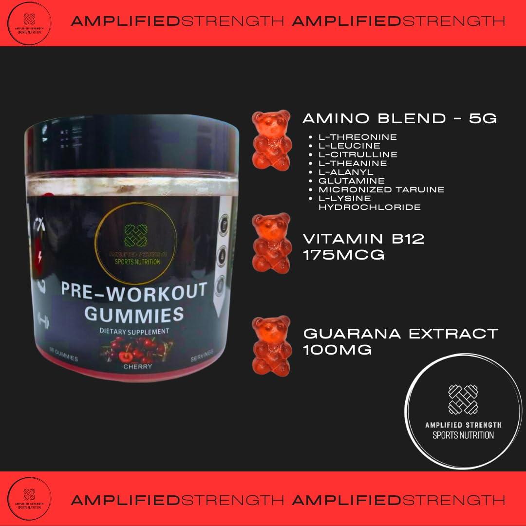 Amplified Strength Amplified Strength - Pre-Workout Gummies - 90 Gummies - Cherry Flavour - B12 - Amino - Guarana - Fitness - Workout - Gym