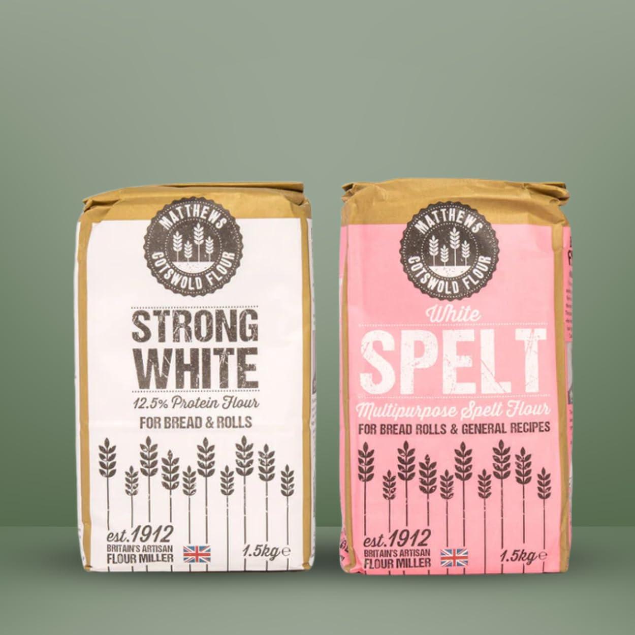 Generic Matthews Strong White Flour 1.5kg and Matthews White Spelt Flour 1.5Kg - High-Protein British Wheat and Regeneratively Farmed Ancient Grain Spelt for Nutritious and Delicious Baking