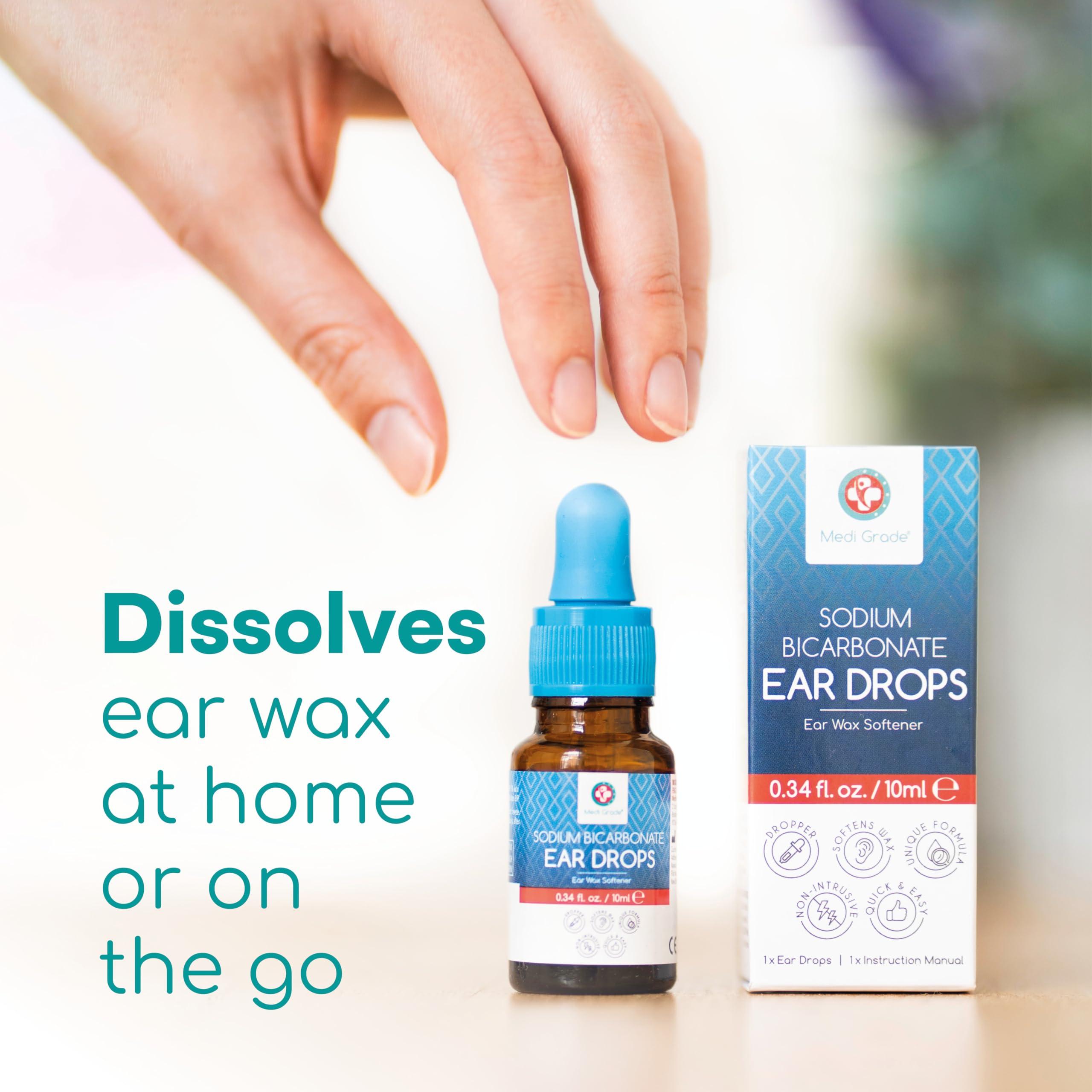 Medi Grade Medi Grade Quick-Action Sodium Bicarbonate Ear Drops for Wax Removal and Blocked Ears, 10ml - Ear Wax Removal Drops Dissolve and Remove Earwax for Clean Ears - Natural Bicarbonate of Soda Ear Drops