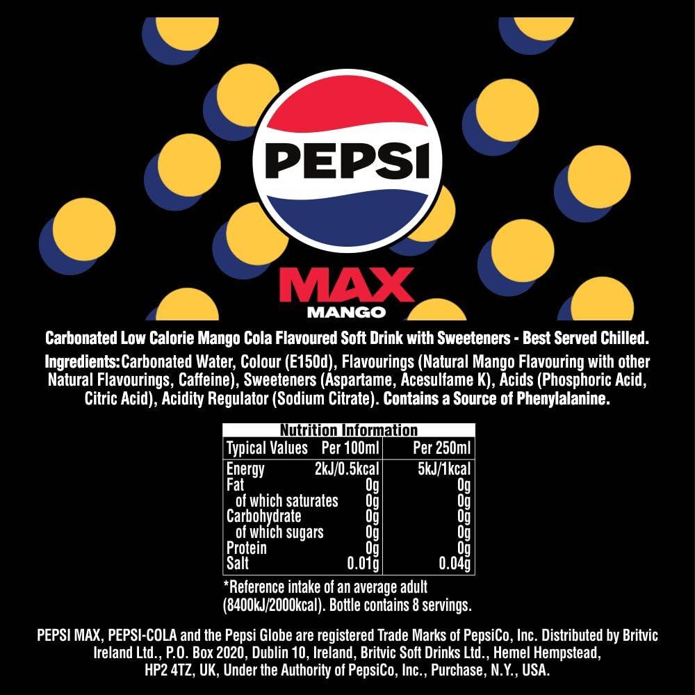 Pepsi Pepsi Max Mango No Sugar Cola Bottle 2L (Pack of 8)