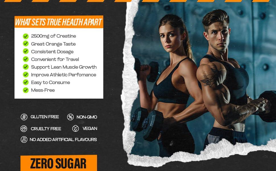 TRUE HEALTH True Health Creatine Monohydrate Gummies - Vegan Muscle Recovery Supplement, Orange Flavor, 60 Count - Easy & Tasty Post-Workout Boost