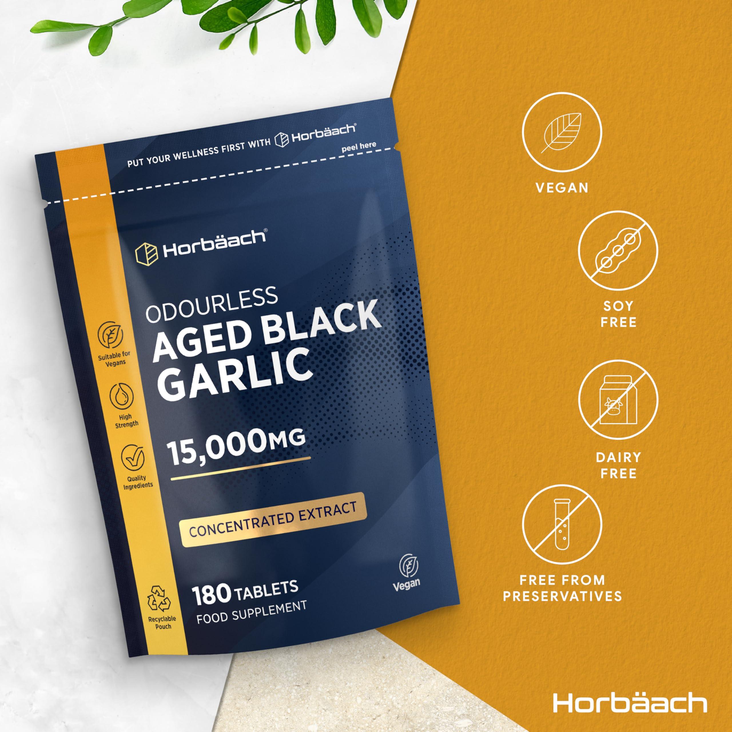 Horbach Black Garlic Tablets 15000mg | 180 Count | High Strength Odourless Concentrated Garlic Extract | Aged Black Garlic Vegan Supplement | by Horbaach