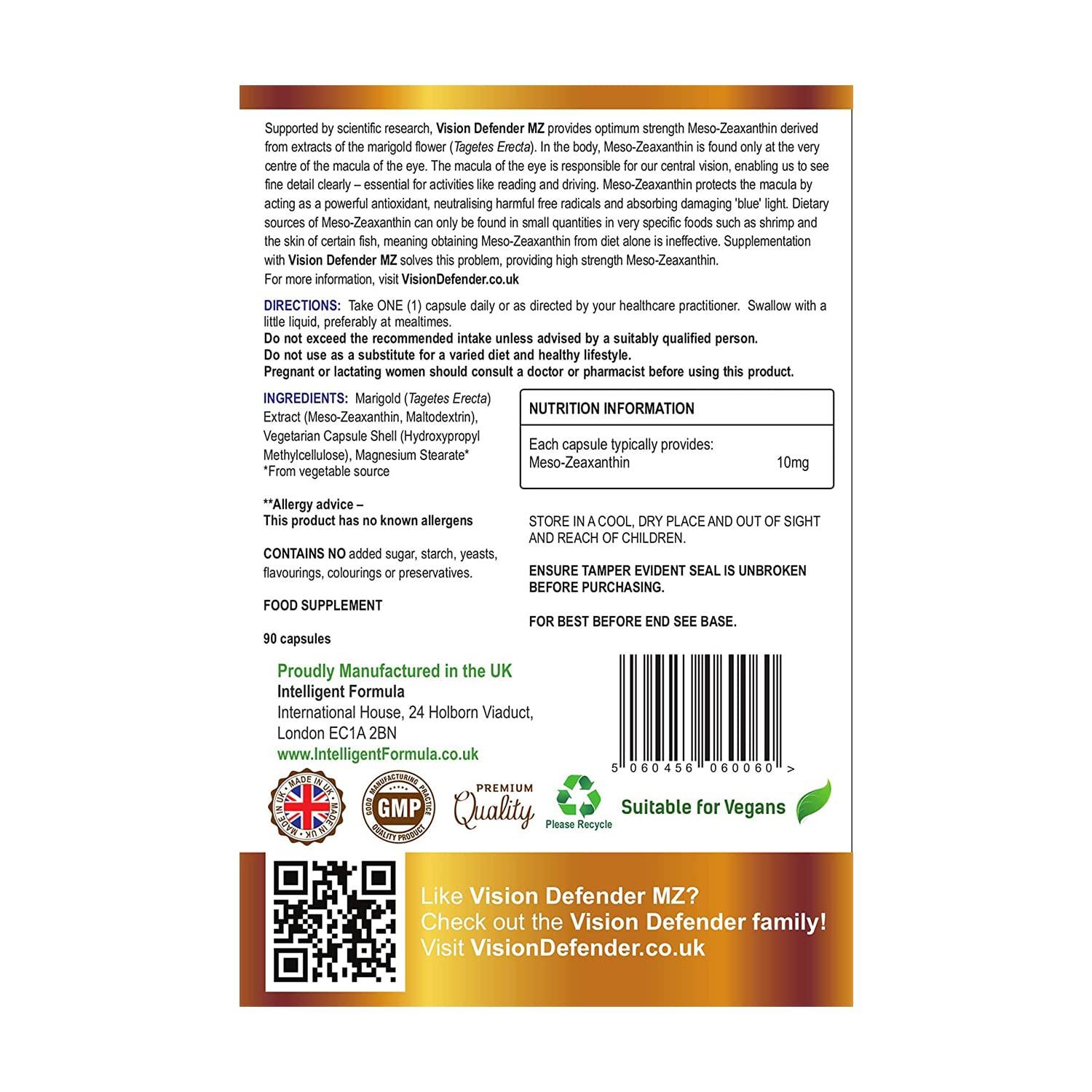 Intelligent Formula Meso Zeaxanthin Supplement - VISION DEFENDER MZ High Strength Eye Vitamins Nutrients & Antioxidant Carotenoid for Ocular Health, Eye Care & Eyesight Support Vegan (90 capsules/One-A-Day) Made in UK