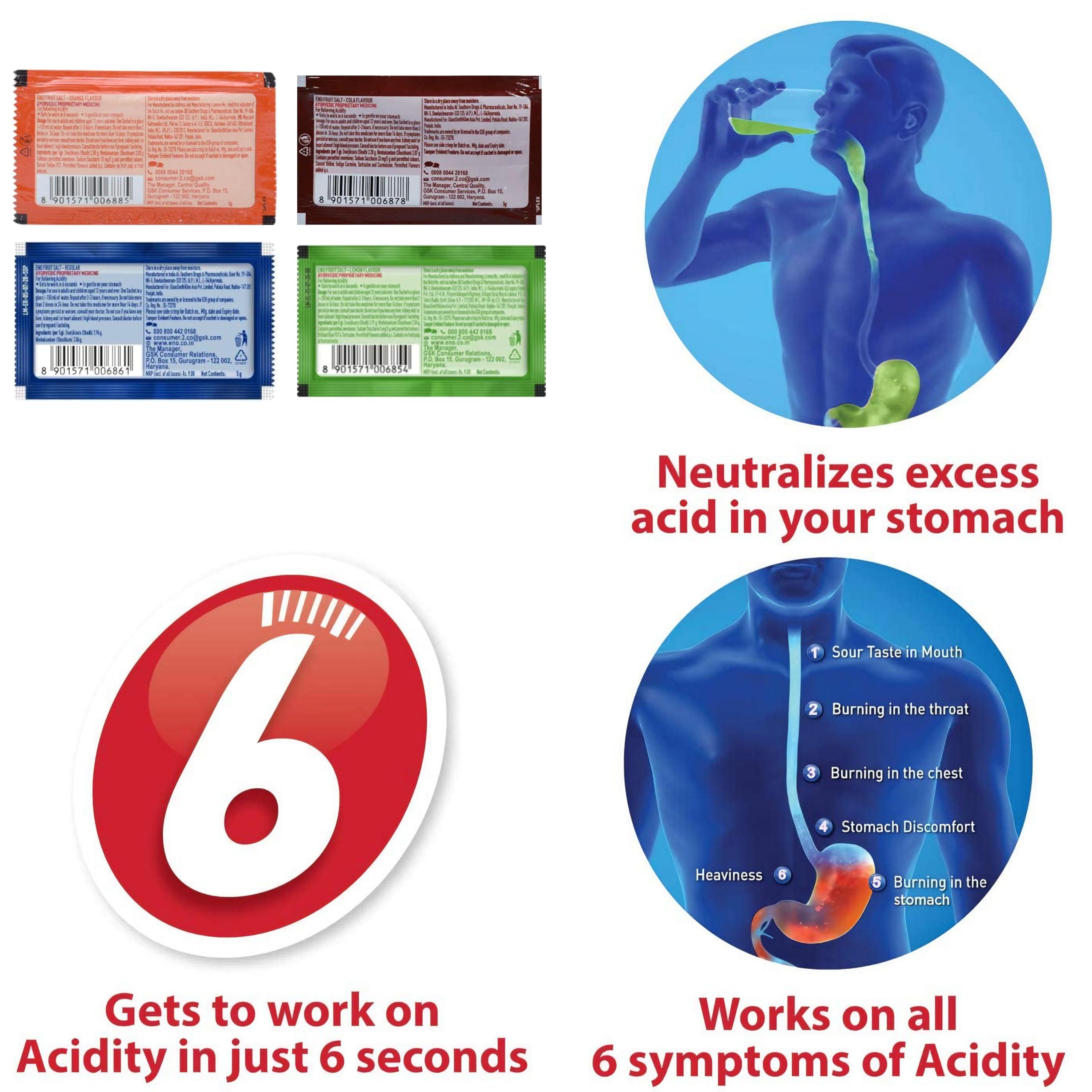 CAEMORA Eno Fruit Salt Antacid- 5g Sachets- Variety Pack - Regular x 5, Lemon x 5, Orange x 5, Cola x 5 = Total 20 sachets |