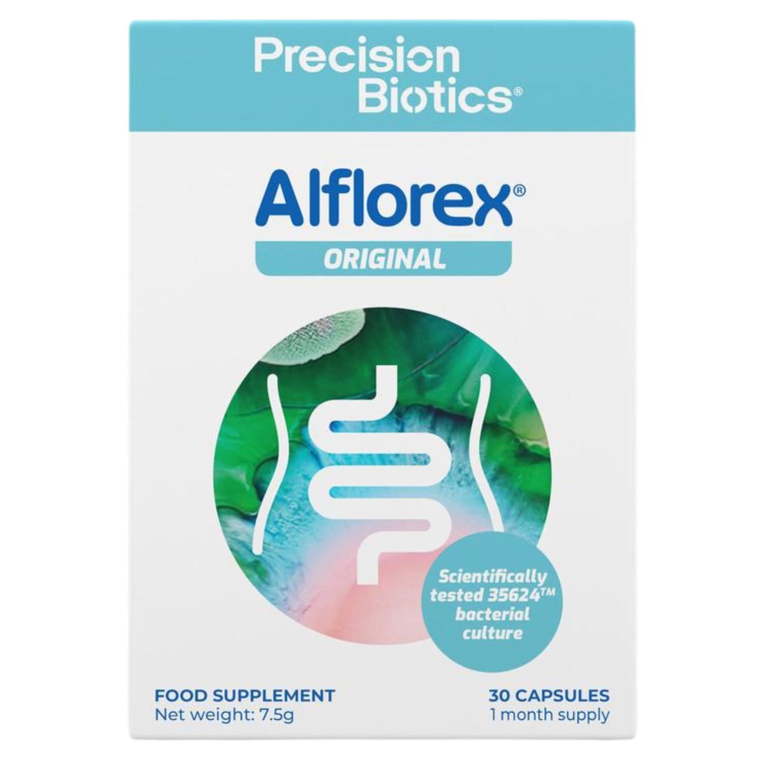 PrecisionBiotics Alflorex Original - Daily Gut Health Probiotics Supplement with Unique Bifidobacterium Longum Bacteria Strain 35624 - Bacterial Cultures - 30 Capsules