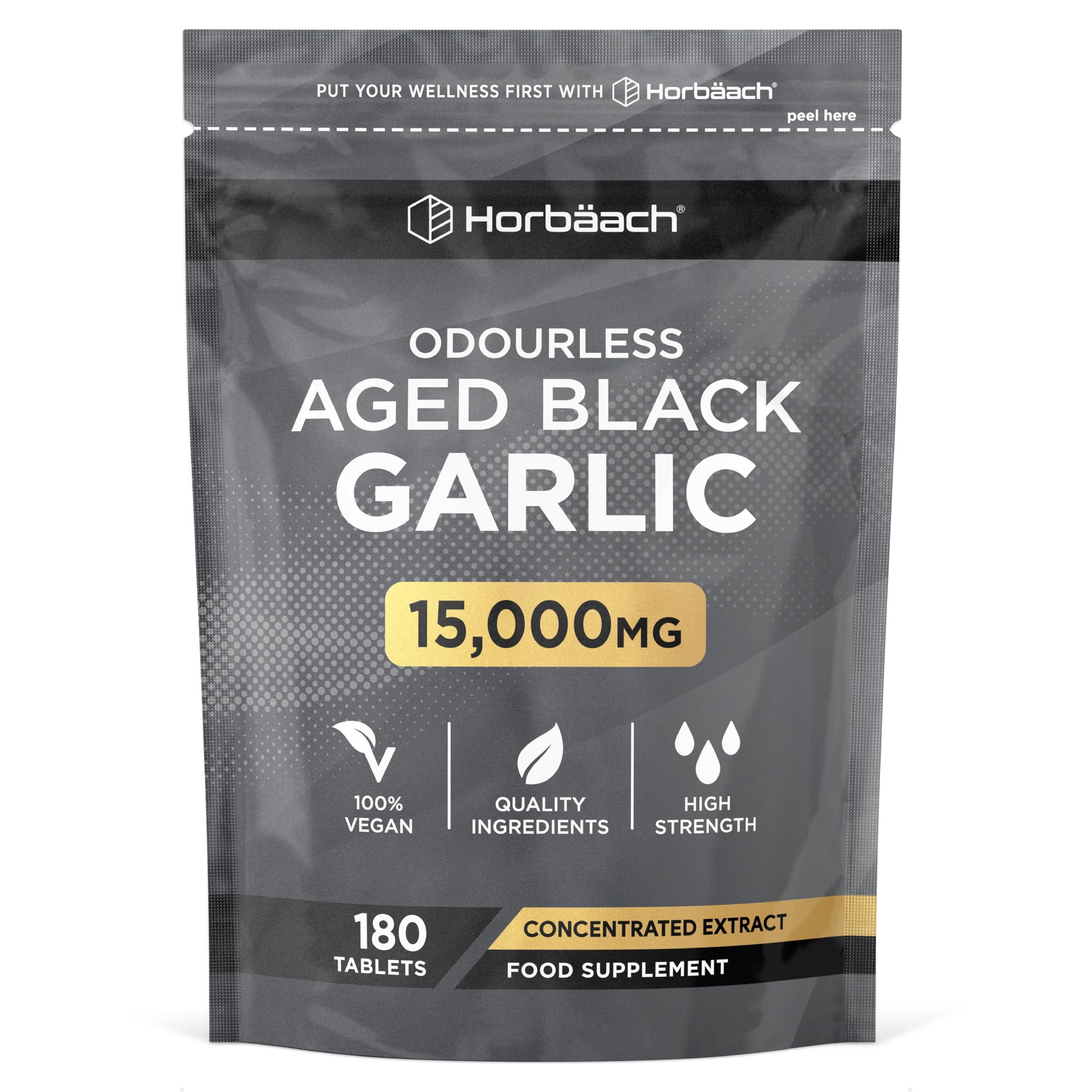 Horbach Black Garlic Tablets 15000mg | 180 Count | High Strength Odourless Concentrated Garlic Extract | Aged Black Garlic Vegan Supplement | by Horbaach