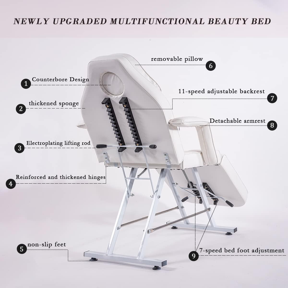 LSBIKE LSBIKE Beauty Bed with Stool and Sheets Adjustable Massage Chair Reclining Salon Bed Lash Chair with Removable Armrests Headrest Massage Table Set for Spa Salon Tattoo Facial (White)