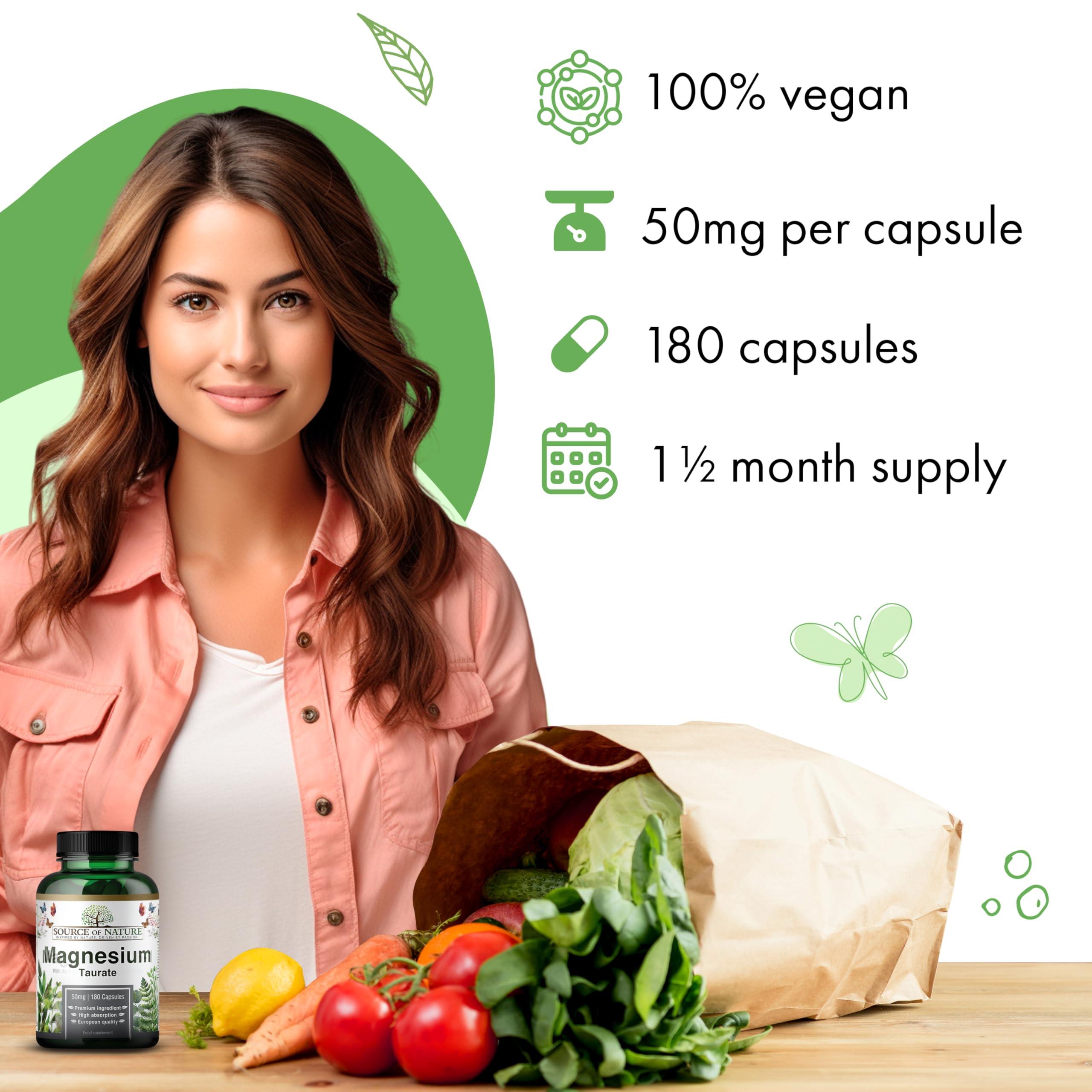 Source of Nature Source of Nature | Magnesium Taurate 625mg | 180 Capsules | 45-Day Supply | 50mg Elemental | High Bioavailability | Easy on The Stomach | Laboratory Tested