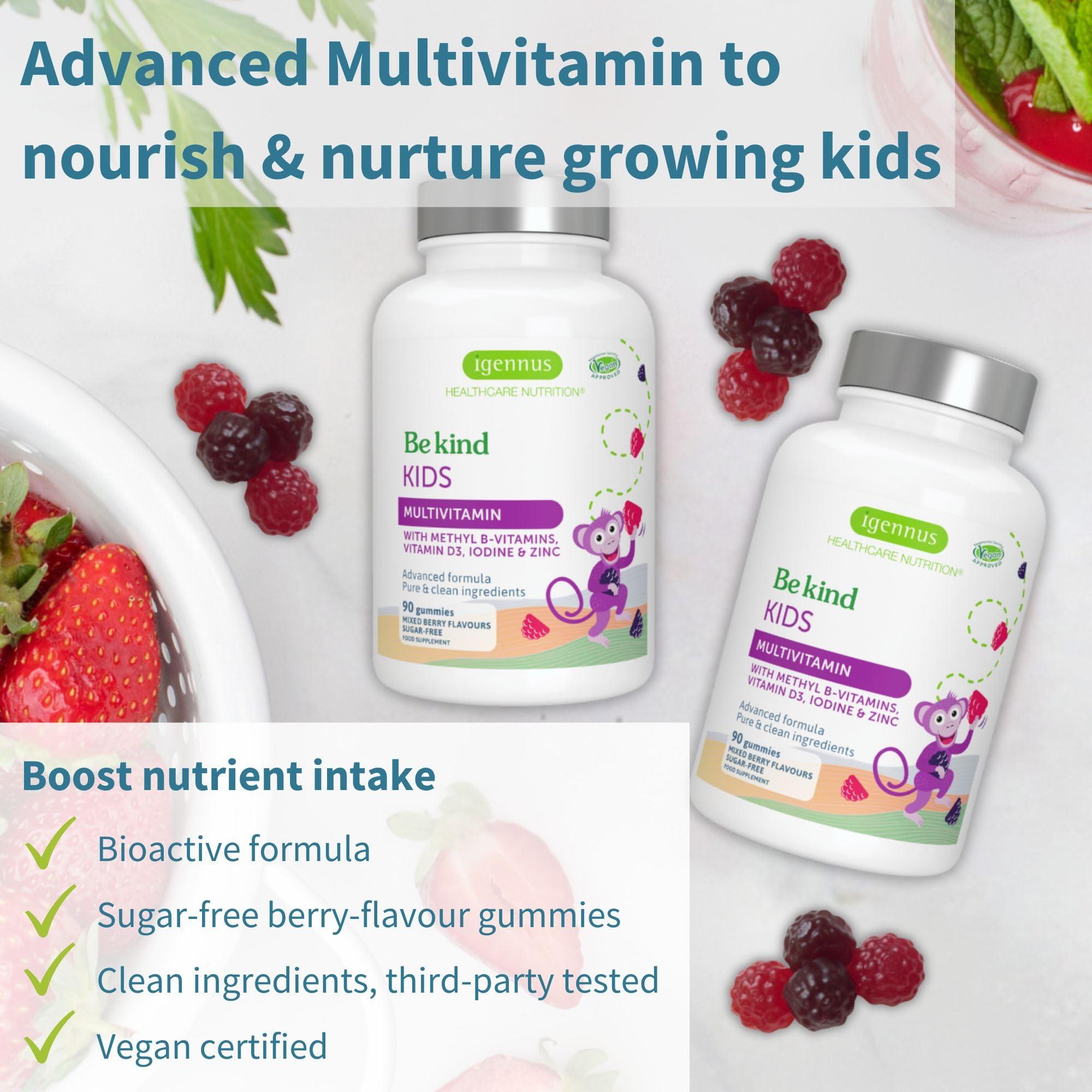 Igennus Healthcare Nutrition Igennus Methylated Kids Multivitamin Gummy, MTHFR Supplement with B-Vitamins & Vitamin D, Clean Ingredients, Age 4+, Sugar Free Berry Flavour, 90 Vegan Gummies