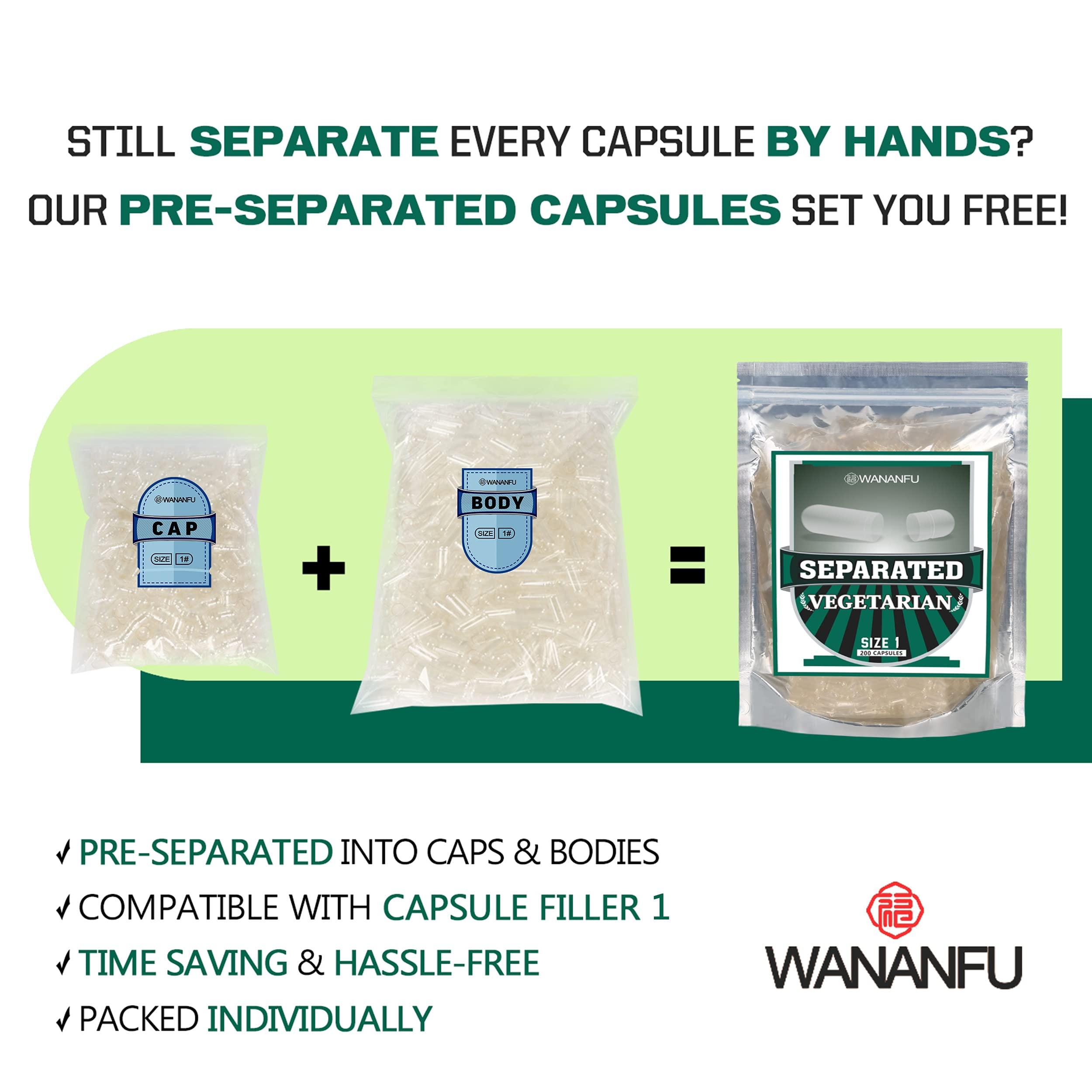 wananfu WANANFU Separated Empty Capsules Size 1 Vegetarian (200 Count), Compatible with Capsule Filling Machine Size 1
