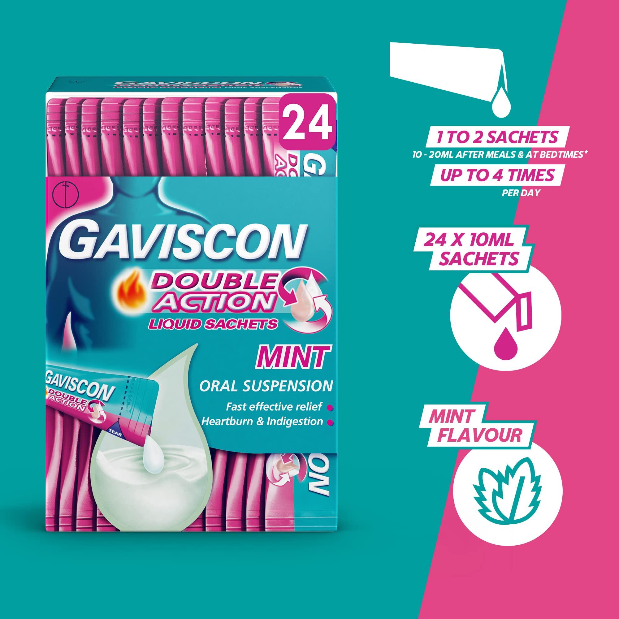 Gaviscon Gaviscon Double Action Sachets, Mint, 24 X 10ml, Heartburn Relief, Acid Reflux, Indigestion Liquid Gerd, Gastro Resistant, Gets To Work Instantly, Lasts 2X Longer, Antacids, Digestion and Nausea