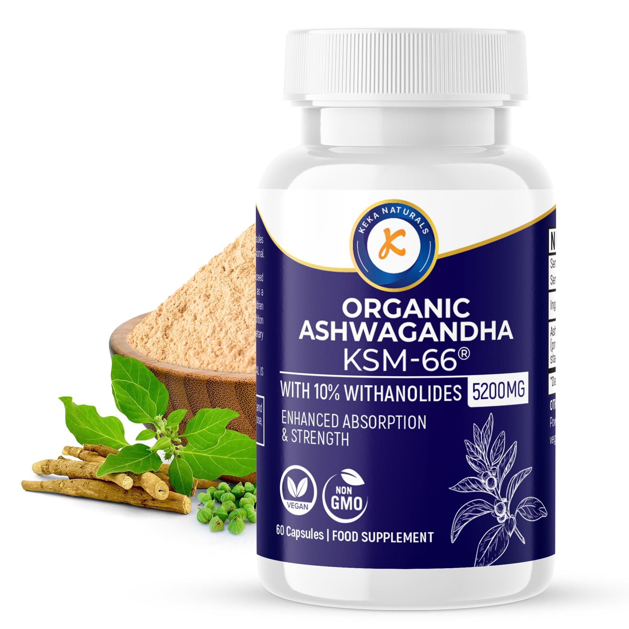 Keka Naturals Ashwagandha KSM-66-5200mg - 10% Withanolides - Enhanced Absorption and High Strength - All Natural, Non-GMO - 60 Vegan Capsules